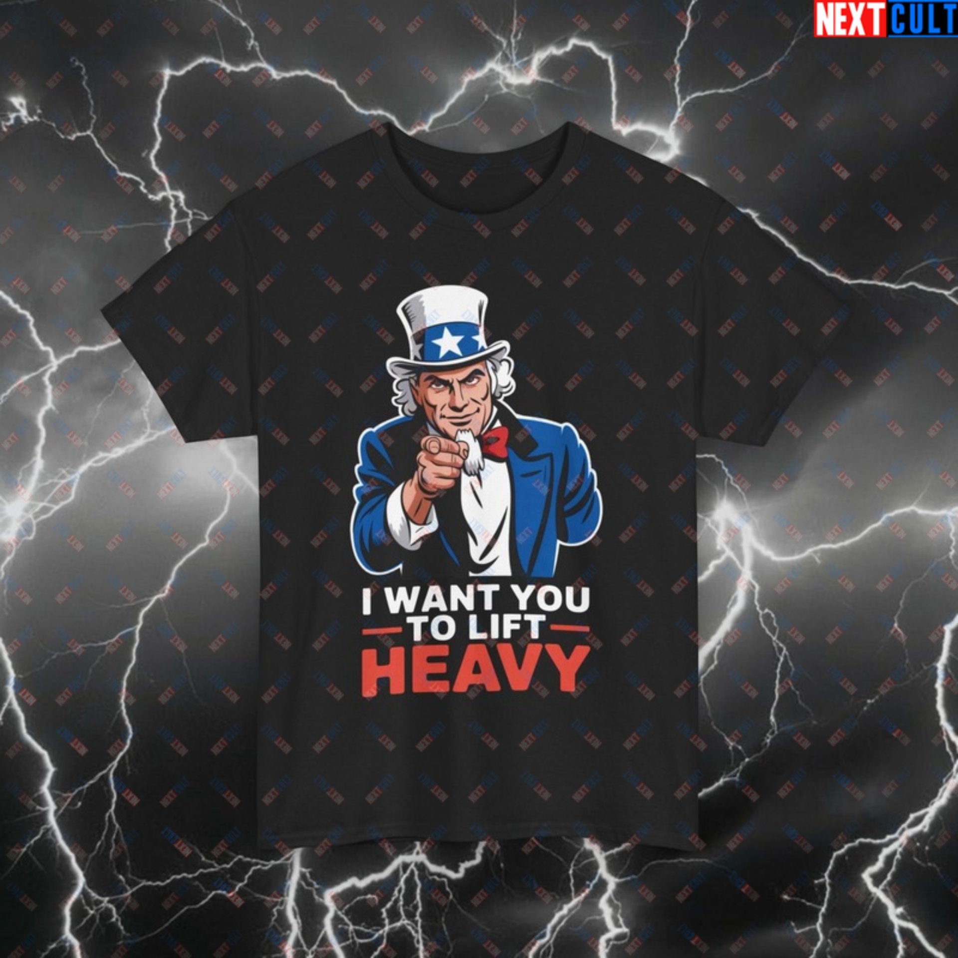 I Want You To Lift Heavy Patriotic Gym T-Shirt - Funny Uncle Sam USA Workout Tee for 4th of July & Gains Black T-shirts 4th of July Bodybuilding Fitness Gym Powerlifting Pump Cover Uncle Sam Workout Printify