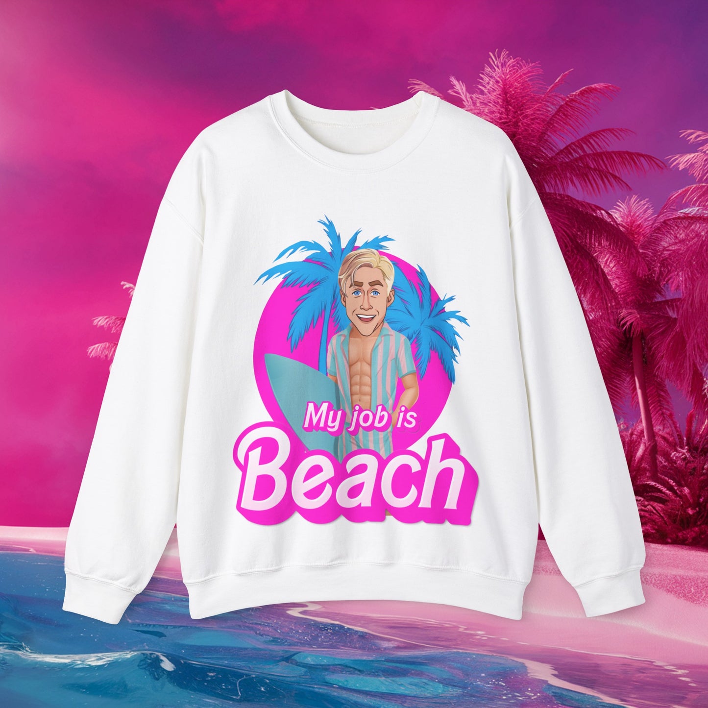 My Job Is Beach Sweatshirt Ken Sweater Barbie Shirt Surfing Jumper Surf Pullover Summer Jumper Vacation Sweater Surfing Gift for Surfer White Sweatshirts Barbie Celebrities Ken Movies Ryan Gosling Printify
