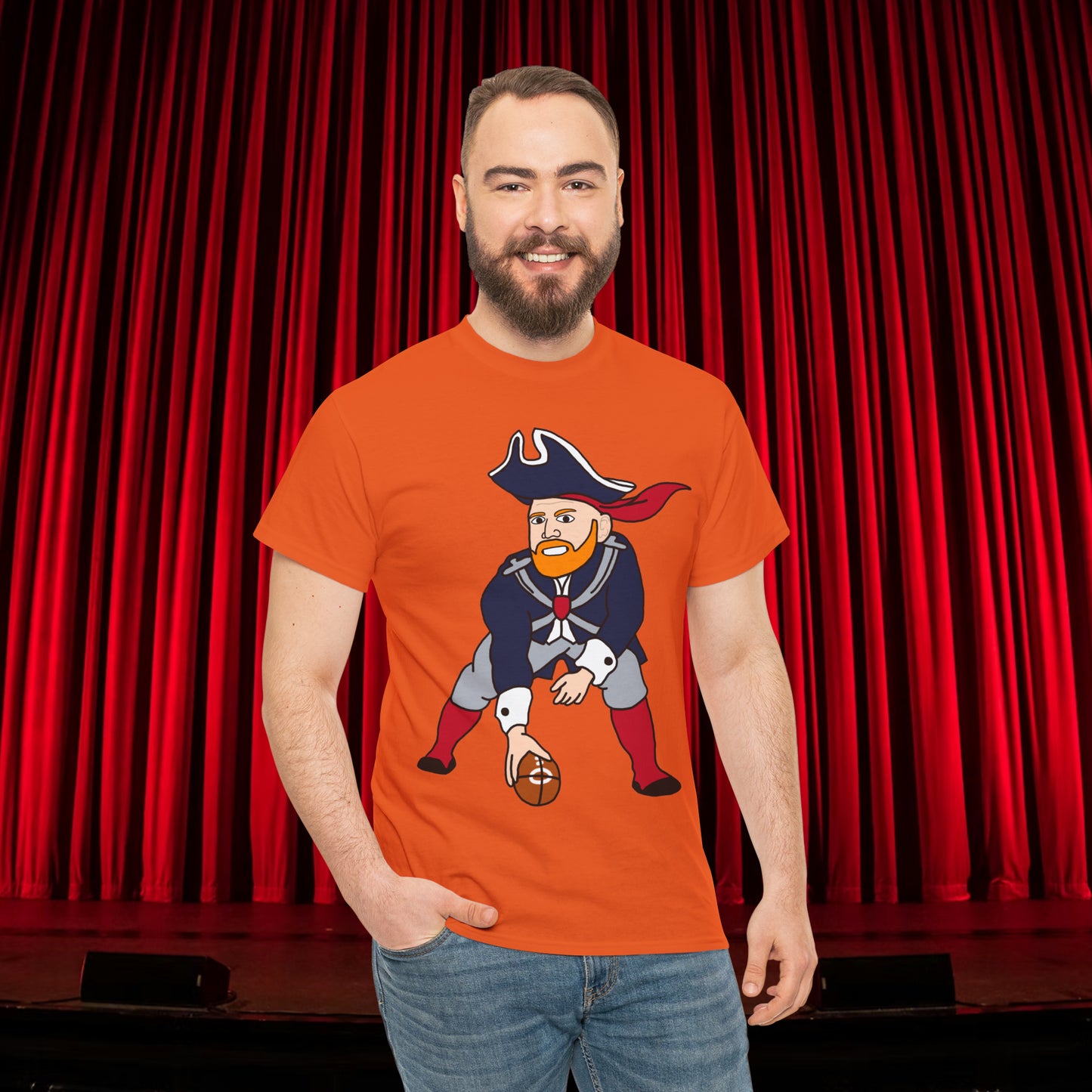 Bill Burrdy New England Patriots Tom Brady Bill Burr Unisex Heavy Cotton Tee Orange T-shirts American Football Bill Burr Monday Morning Podcast New England Patriots NFL Podcasts Stand-up Comedy Printify
