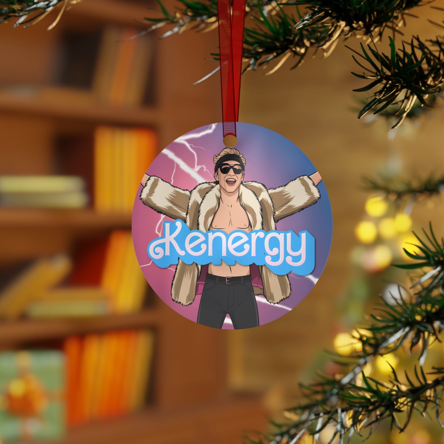 Kenergy Barbie Ryan Gosling Ken Metal Ornament Round One Size Christmas Barbie Celebrities Ken Kenergy Movies Ryan Gosling Printify