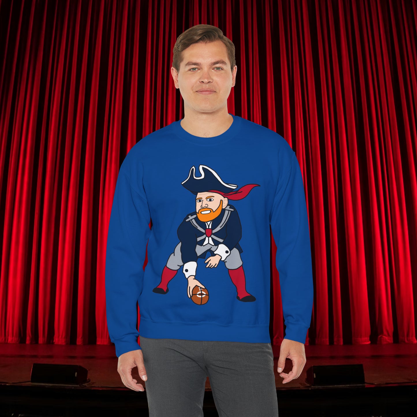 Bill Burrdy New England Patriots Tom Brady Bill Burr Unisex Heavy Blend Crewneck Sweatshirt Royal Sweatshirts American Football Bill Burr Monday Morning Podcast New England Patriots NFL Podcasts Stand-up Comedy Printify