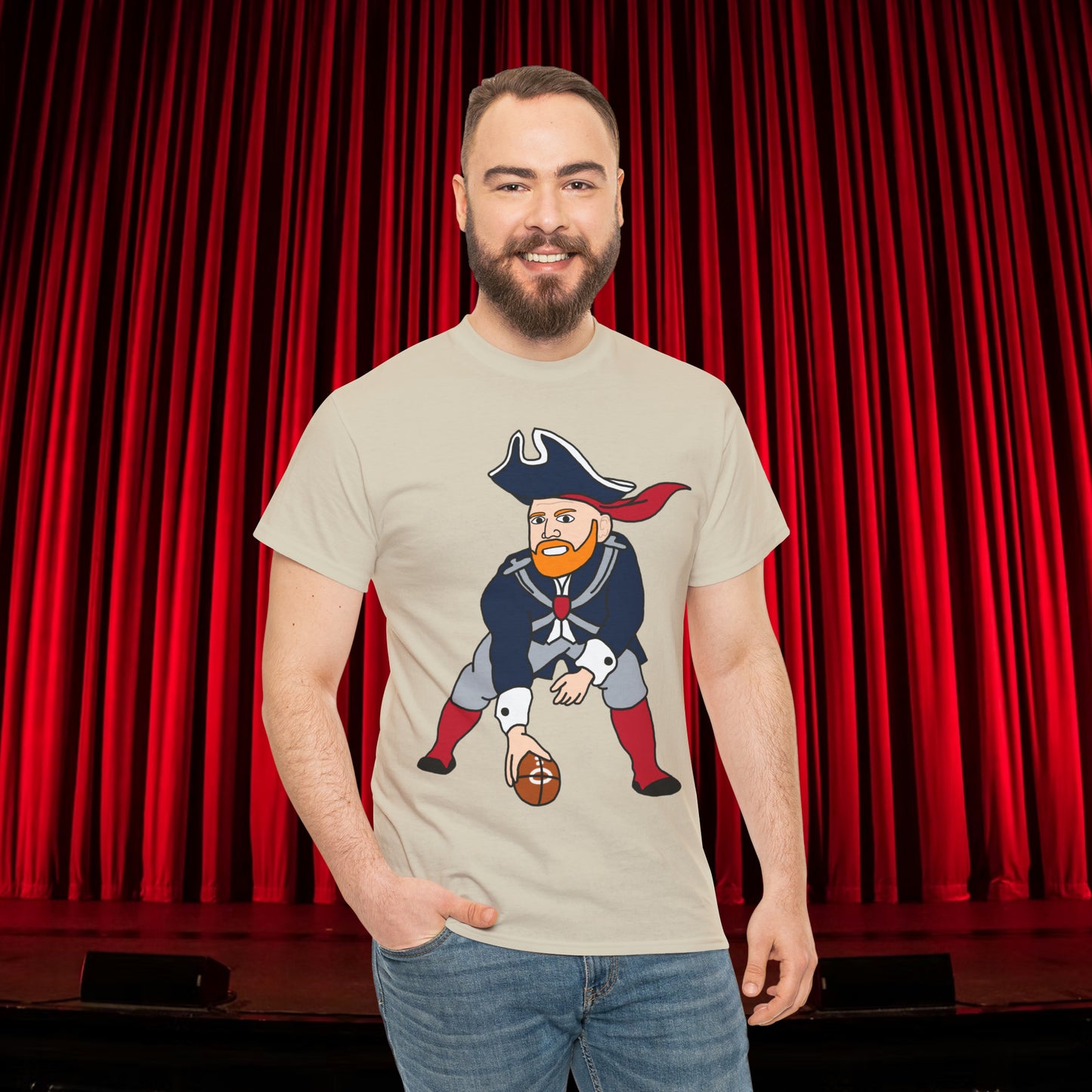 Bill Burrdy New England Patriots Tom Brady Bill Burr Unisex Heavy Cotton Tee Sand T-shirts American Football Bill Burr Monday Morning Podcast New England Patriots NFL Podcasts Stand-up Comedy Printify
