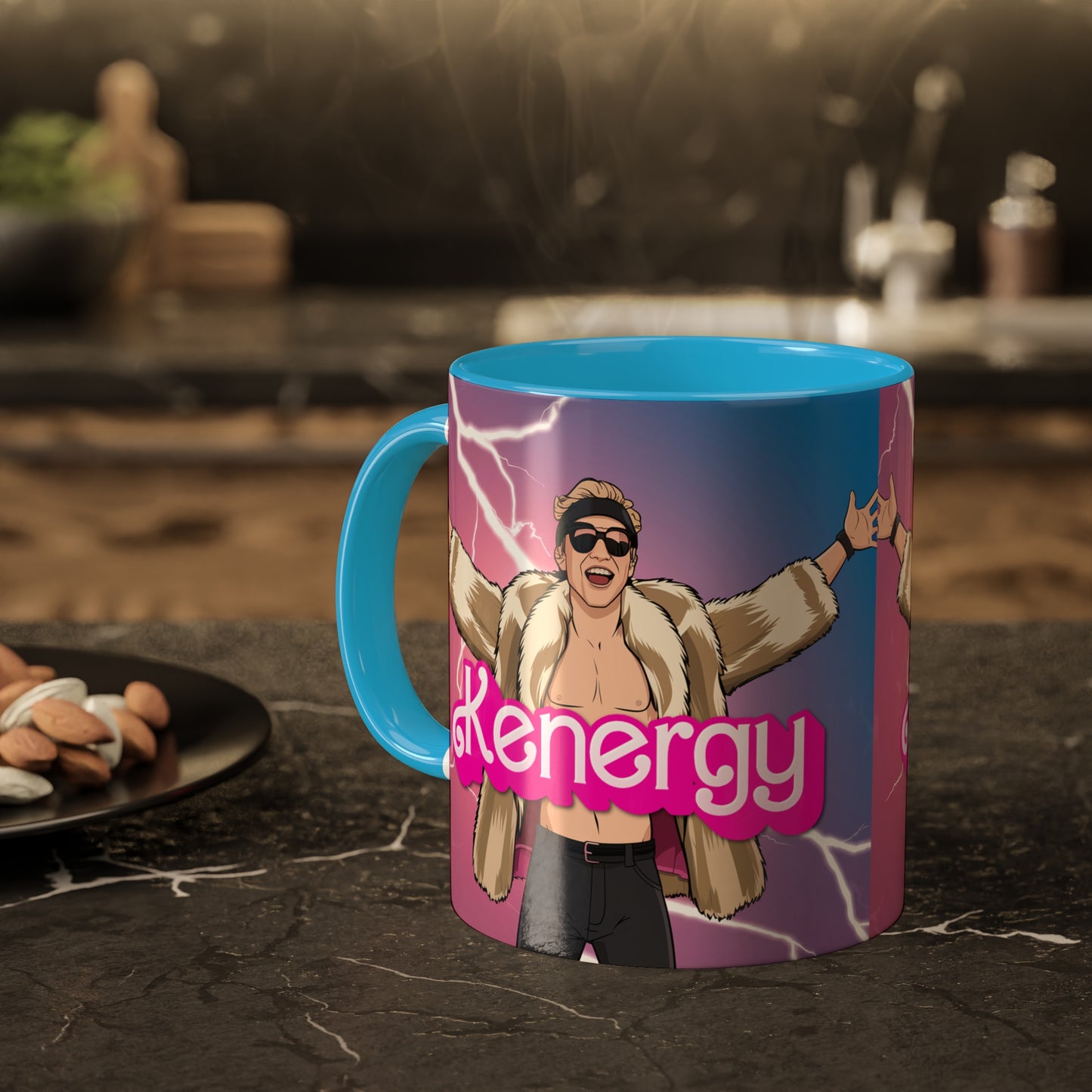 Kenergy Barbie Ryan Gosling Ken Colorful Mug 11oz Light Blue Mugs Barbie Celebrities Ken Kenergy Movies Ryan Gosling Printify