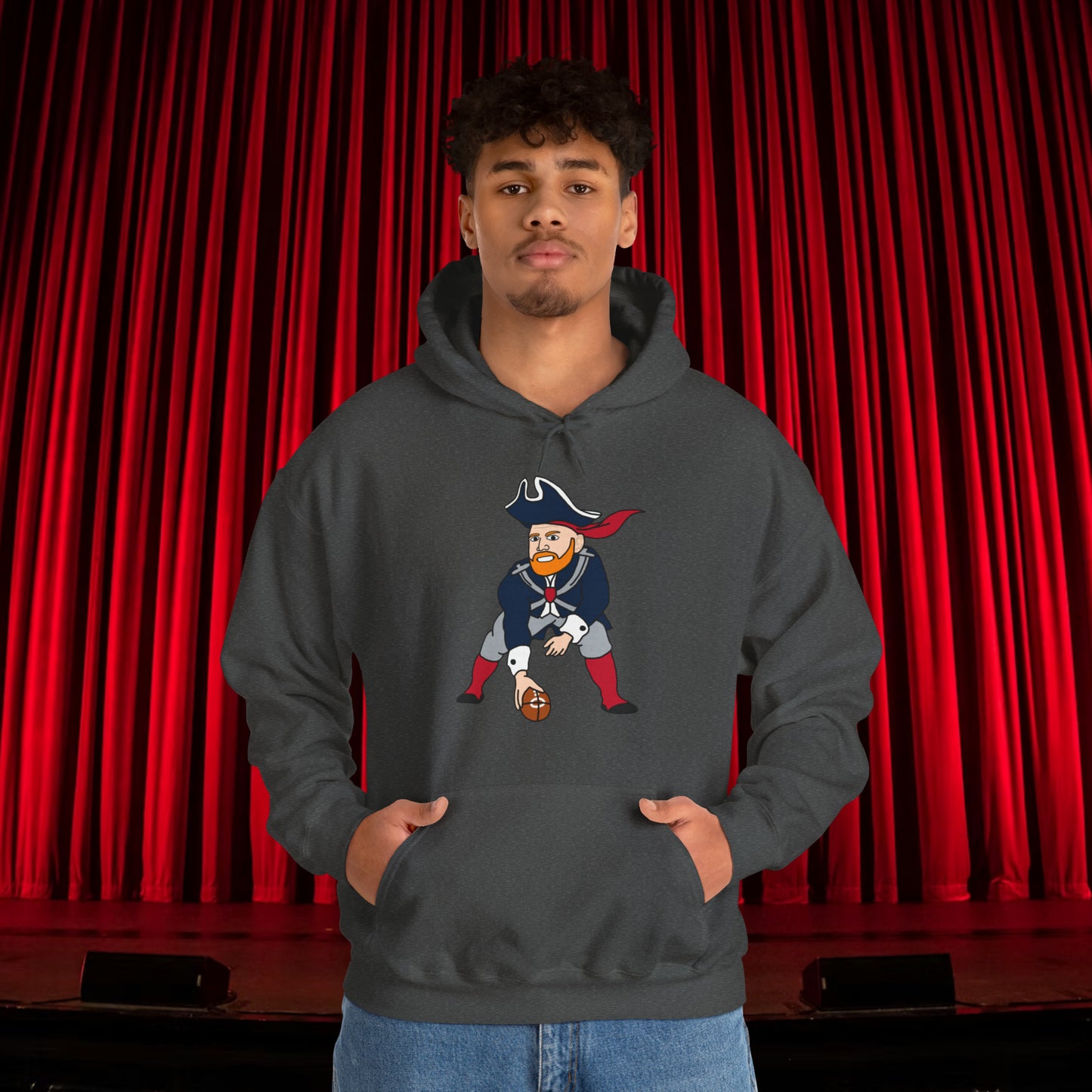 Bill Burrdy New England Patriots Tom Brady Bill Burr Unisex Heavy Blend Hooded Sweatshirt Dark Heather Hoodies American Football Bill Burr Monday Morning Podcast New England Patriots NFL Podcasts Stand-up Comedy Printify