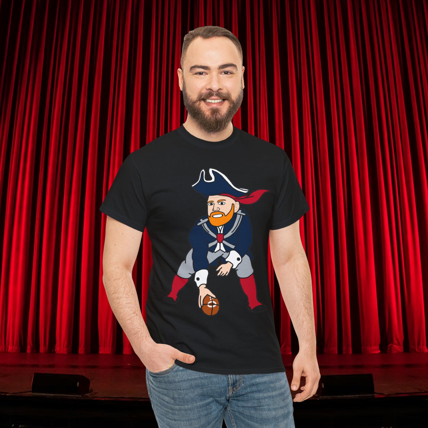 Bill Burrdy New England Patriots Tom Brady Bill Burr Unisex Heavy Cotton Tee Black T-shirts American Football Bill Burr Monday Morning Podcast New England Patriots NFL Podcasts Stand-up Comedy Printify