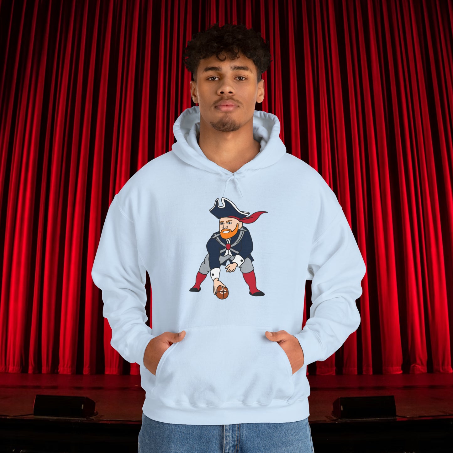 Bill Burrdy New England Patriots Tom Brady Bill Burr Unisex Heavy Blend Hooded Sweatshirt Light Blue Hoodies American Football Bill Burr Monday Morning Podcast New England Patriots NFL Podcasts Stand-up Comedy Printify