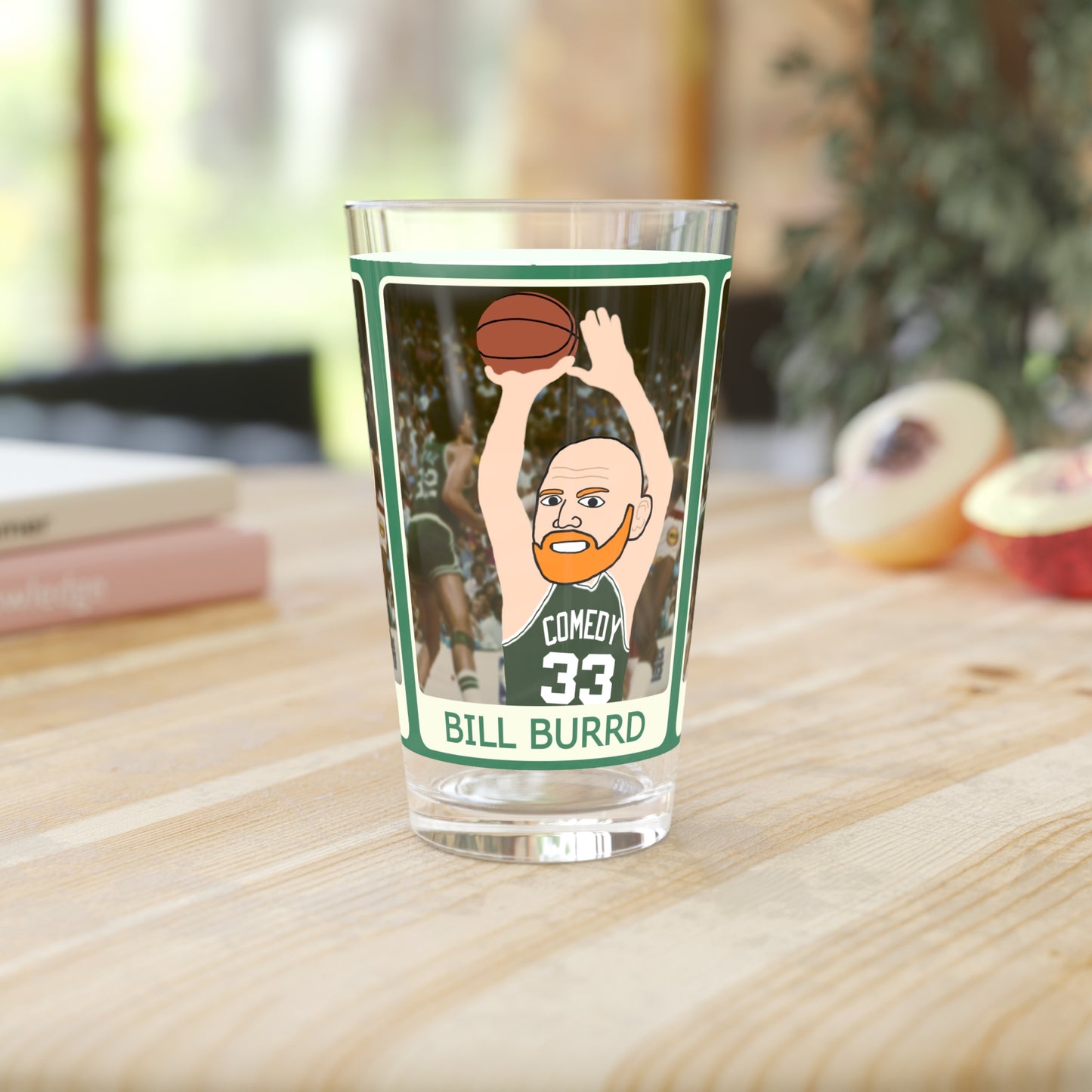 Bill Burrd Boston Celtics Larry Bird Bill Burr Pint Glass, 16oz 16oz Mugs Basketball Bill Burr Boston Celtics Monday Morning Podcast NBA Podcasts Stand-up Comedy Printify