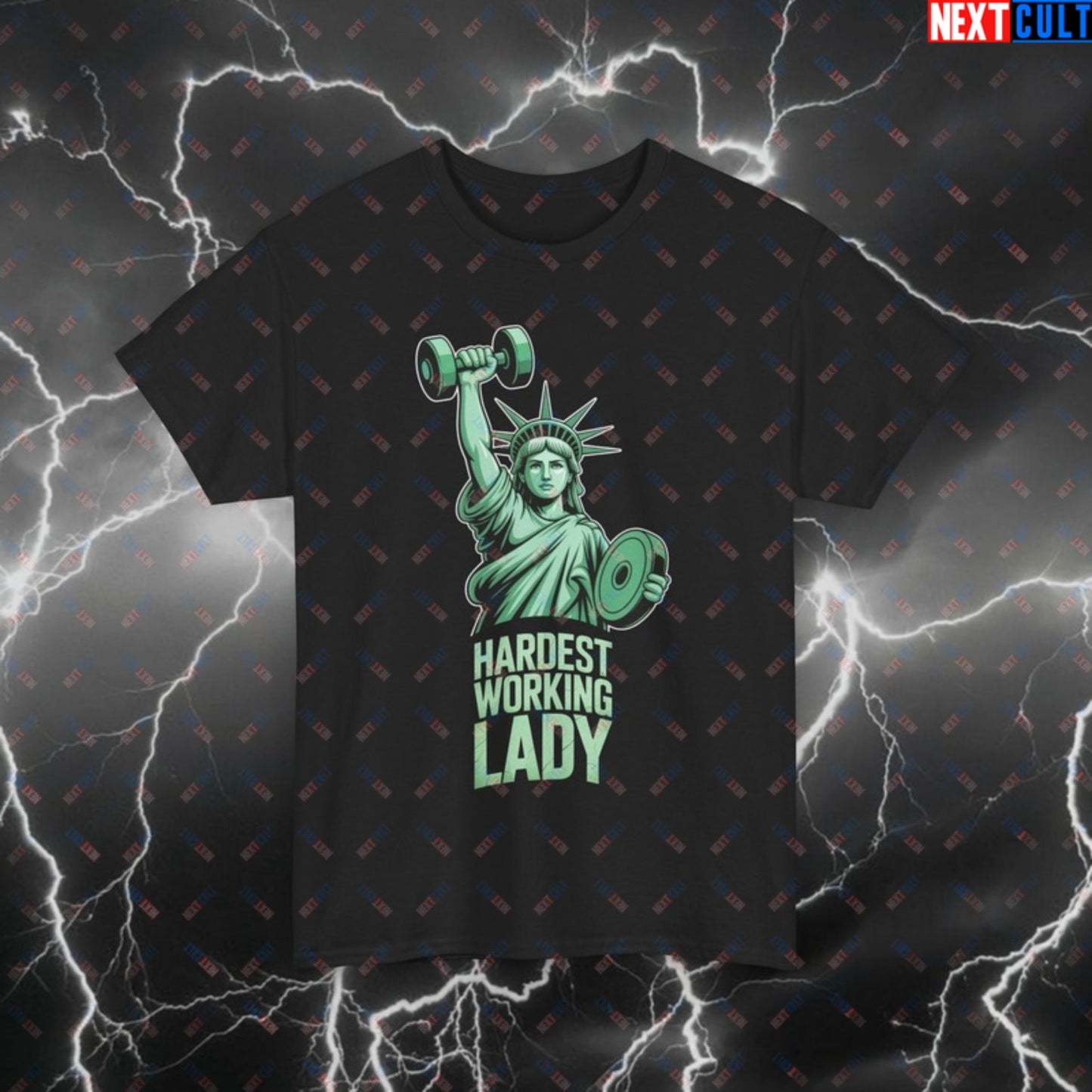 Hardest Working Lady Funny Gym T-Shirt – Patriotic Statue of Liberty Pump Cover for 4th of July & Fitness Gains Black T-shirts 4th of July Bodybuilding Fitness Gym Pump Cover Statue of Liberty Workout Printify