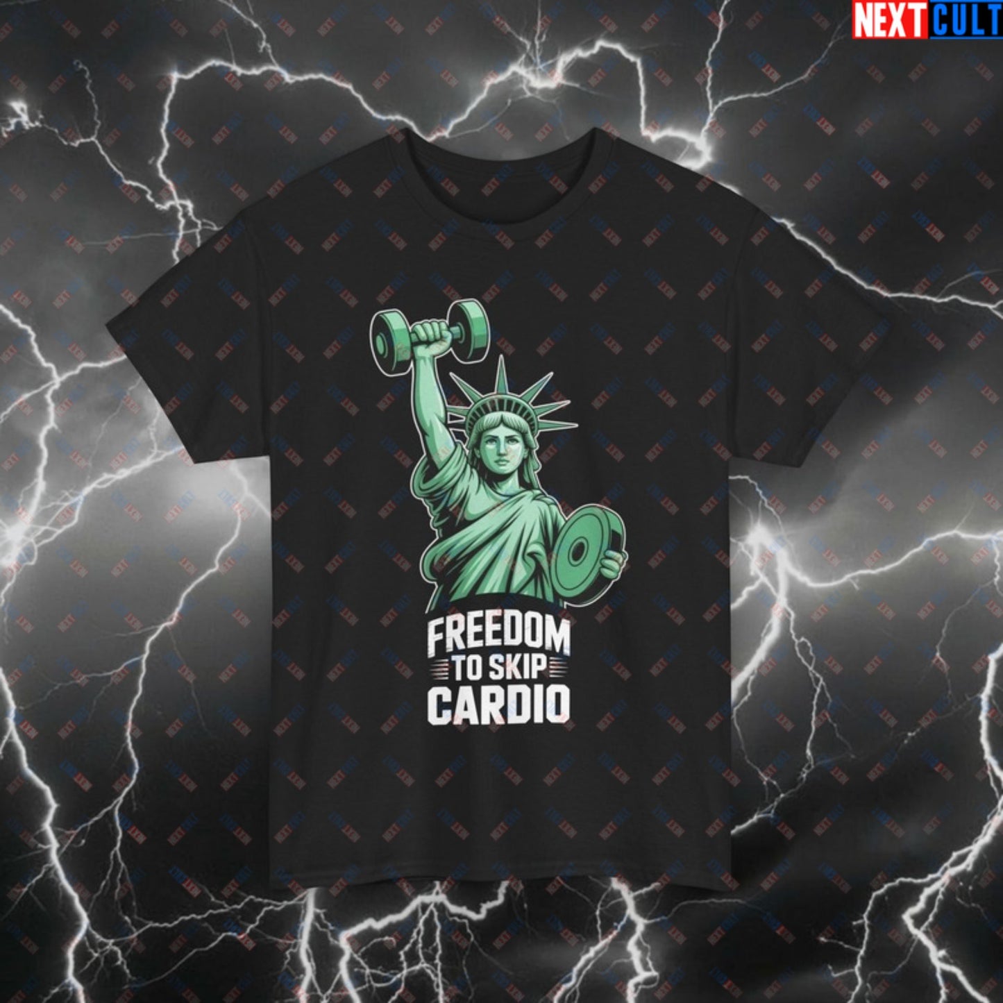 Freedom To Skip Cardio Patriotic Gym T-Shirt - Funny Statue of Liberty Pump Cover Tee for Lifters, 4th of July Workout Top Black T-shirts 4th of July Cardio Fitness Gym Pump Cover Statue of Liberty Workout Printify