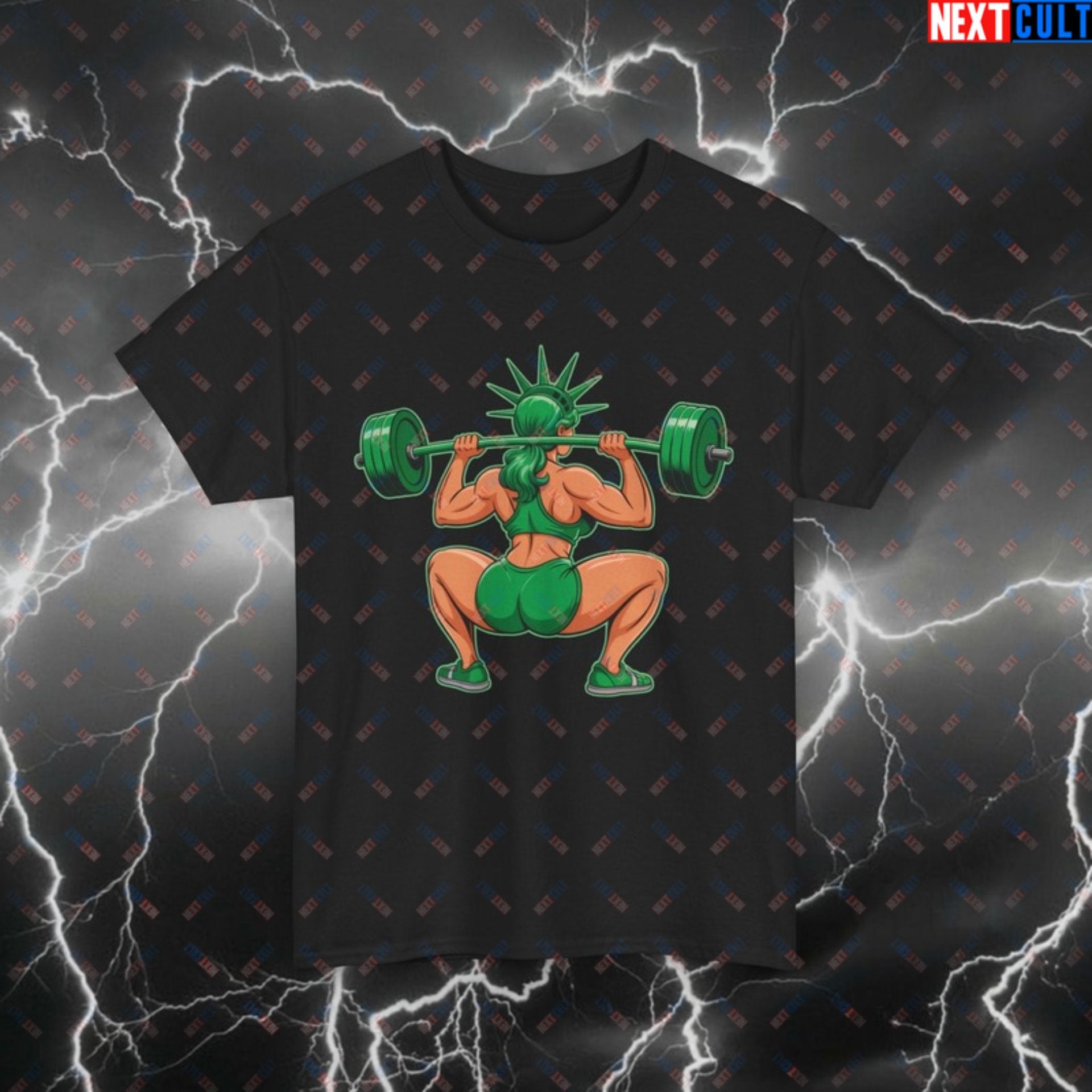 Funny Patriotic Gym T-Shirt - Statue of Liberty Pump Cover for 4th of July, USA Workout Tee for Lifters & Gymbros Black T-shirts 4th of July Bodybuilding Fitness Gym Leg Day Powerlifting Pump Cover Statue of Liberty Workout Printify