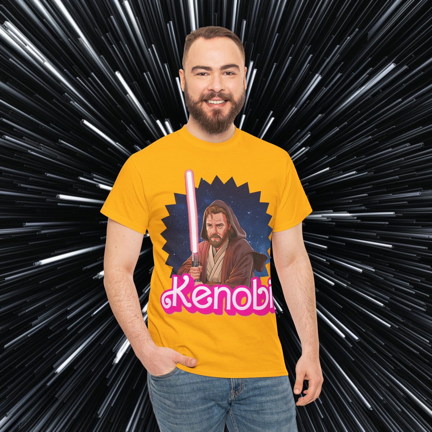 Obi-Wan Kenobi Ken Barbie Movie Star Wars Unisex Heavy Cotton Tee Gold T-shirts Barbie Ken Movies Star Wars Printify