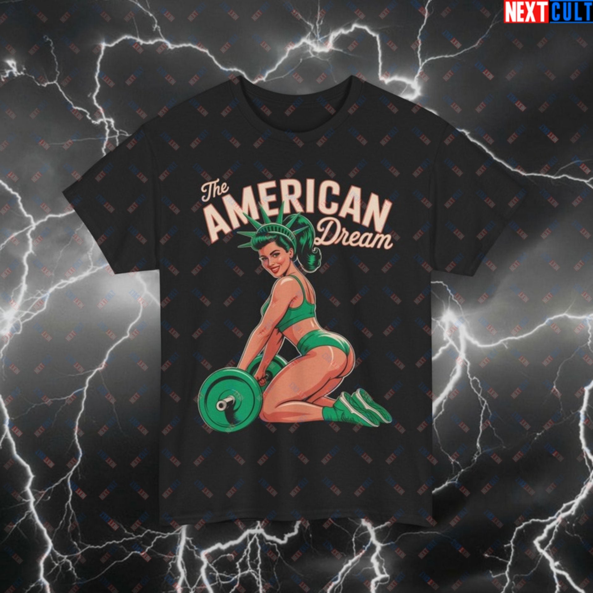American Dream Lady Funny Gym T-Shirt – Patriotic Statue of Liberty Pump Cover Tee for Lifters & Gymbros (4th of July Fitness Meme Shirt) Black T-shirts 4th of July Fitness Gym Leg Day Pump Cover Statue of Liberty Workout Printify