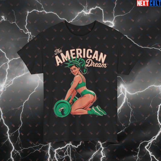 American Dream Lady Funny Gym T-Shirt – Patriotic Statue of Liberty Pump Cover Tee for Lifters & Gymbros (4th of July Fitness Meme Shirt) Black T-shirts 4th of July Fitness Gym Leg Day Pump Cover Statue of Liberty Workout Printify