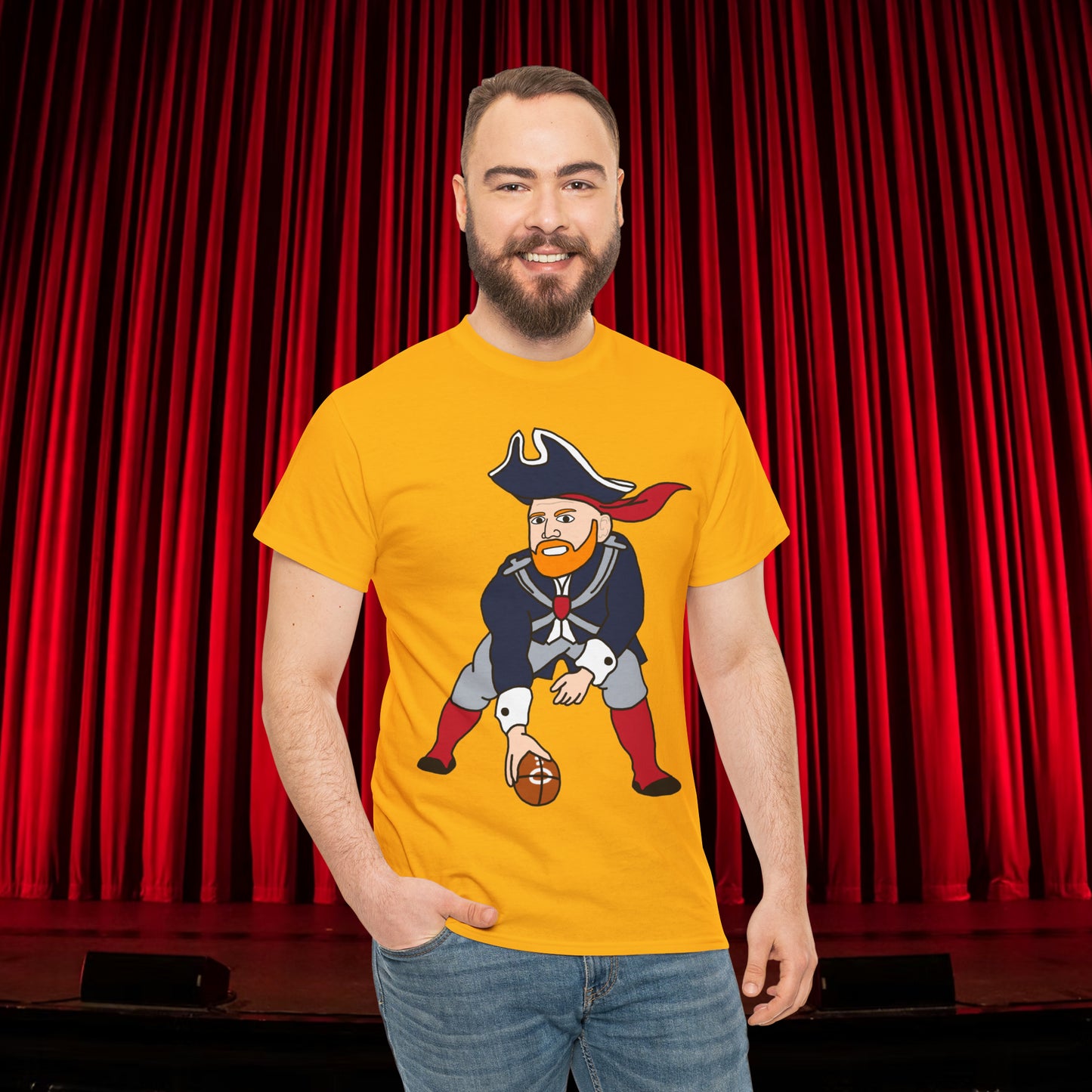 Bill Burrdy New England Patriots Tom Brady Bill Burr Unisex Heavy Cotton Tee Gold T-shirts American Football Bill Burr Monday Morning Podcast New England Patriots NFL Podcasts Stand-up Comedy Printify