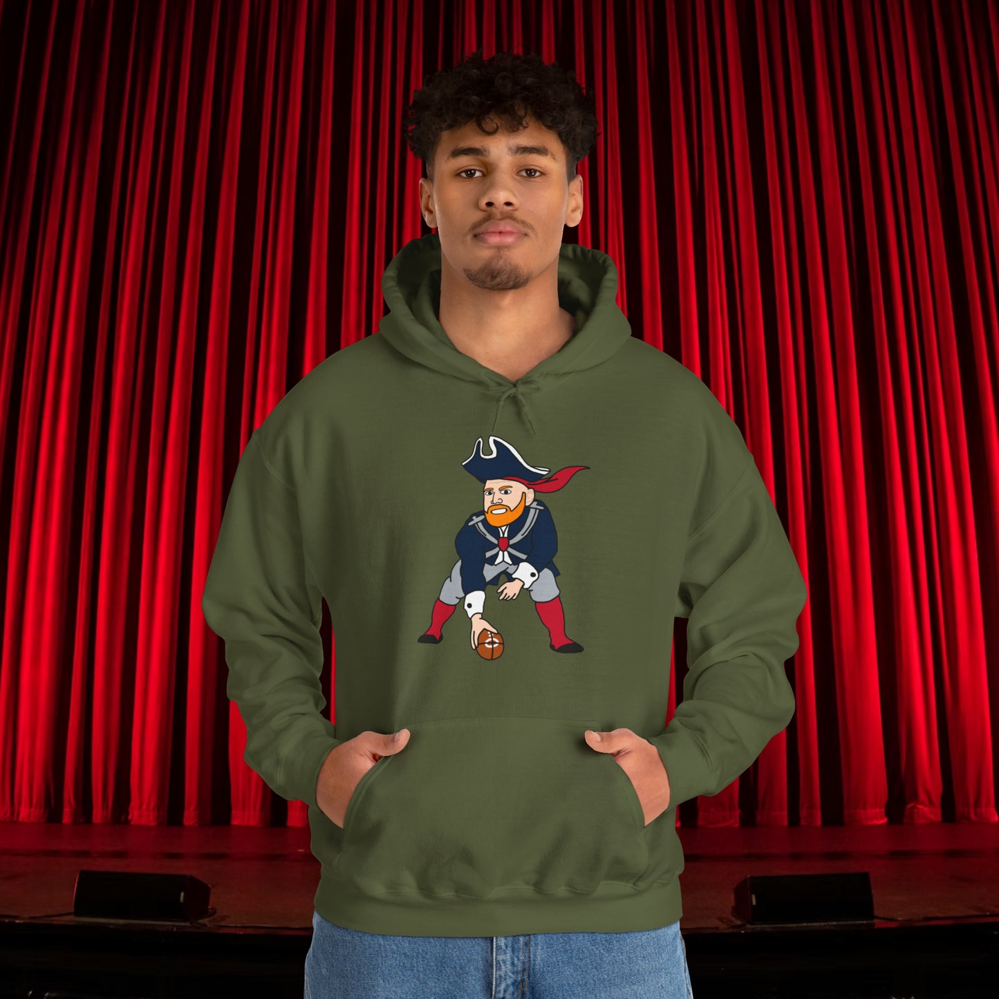 Bill Burrdy New England Patriots Tom Brady Bill Burr Unisex Heavy Blend Hooded Sweatshirt Military Green Hoodies American Football Bill Burr Monday Morning Podcast New England Patriots NFL Podcasts Stand-up Comedy Printify