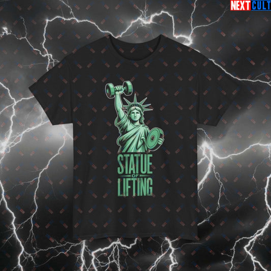 Funny Patriotic Gym T-Shirt - Statue of Lifting Pump Cover for 4th of July, Workout & Gains Tee for Gymbros & Lifters Black T-shirts 4th of July Bodybuilding Fitness Gym Powerlifting Pump Cover Statue of Liberty Workout Printify