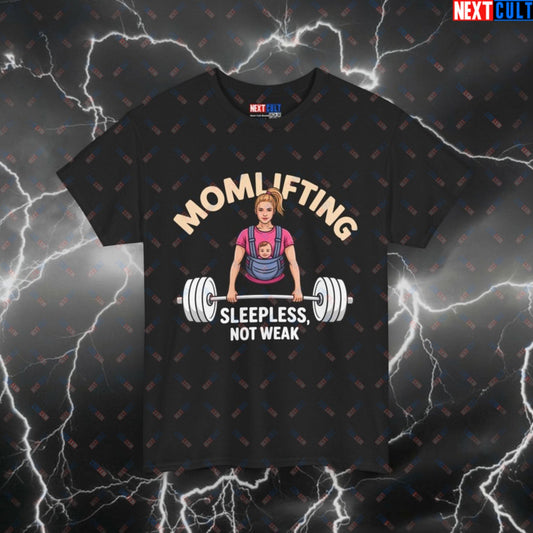Funny Gym Mom Shirt: Sleepless Not Weak Pump Cover Tee for Supermom Lifters - Mother's Day Fitness Top Black T-shirts Bodybuilding Fitness Gym Mother's Day Powerlifting Pump Cover Workout Printify