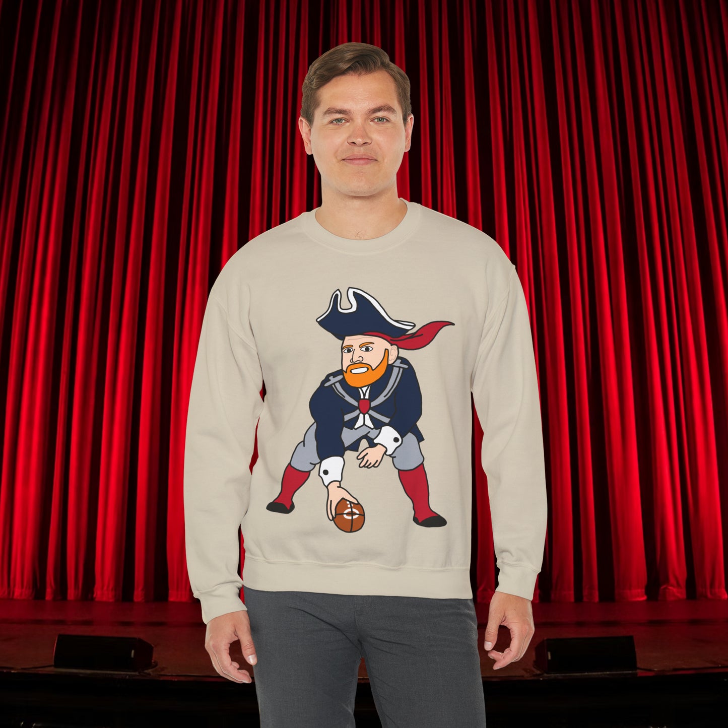 Bill Burrdy New England Patriots Tom Brady Bill Burr Unisex Heavy Blend Crewneck Sweatshirt Sand Sweatshirts American Football Bill Burr Monday Morning Podcast New England Patriots NFL Podcasts Stand-up Comedy Printify