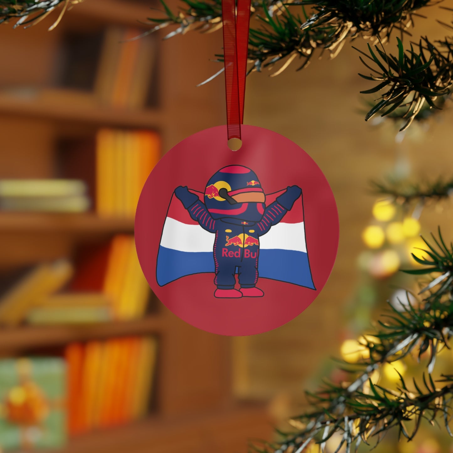 NeVerStappen Red Bull Formula 1 F1 Max Verstappen Christmas Metal Ornament Round One Size Christmas F1 Max Verstappen Red Bull Printify