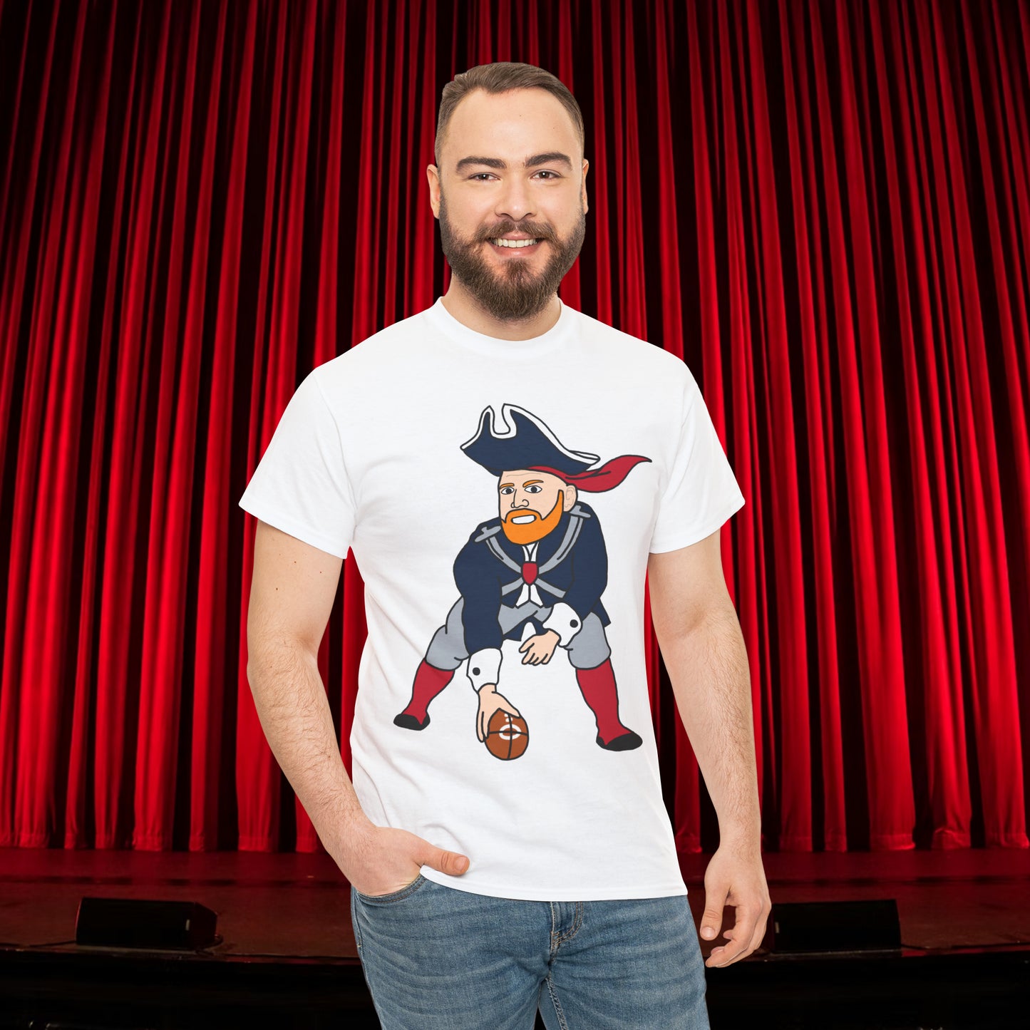 Bill Burrdy New England Patriots Tom Brady Bill Burr Unisex Heavy Cotton Tee White T-shirts American Football Bill Burr Monday Morning Podcast New England Patriots NFL Podcasts Stand-up Comedy Printify