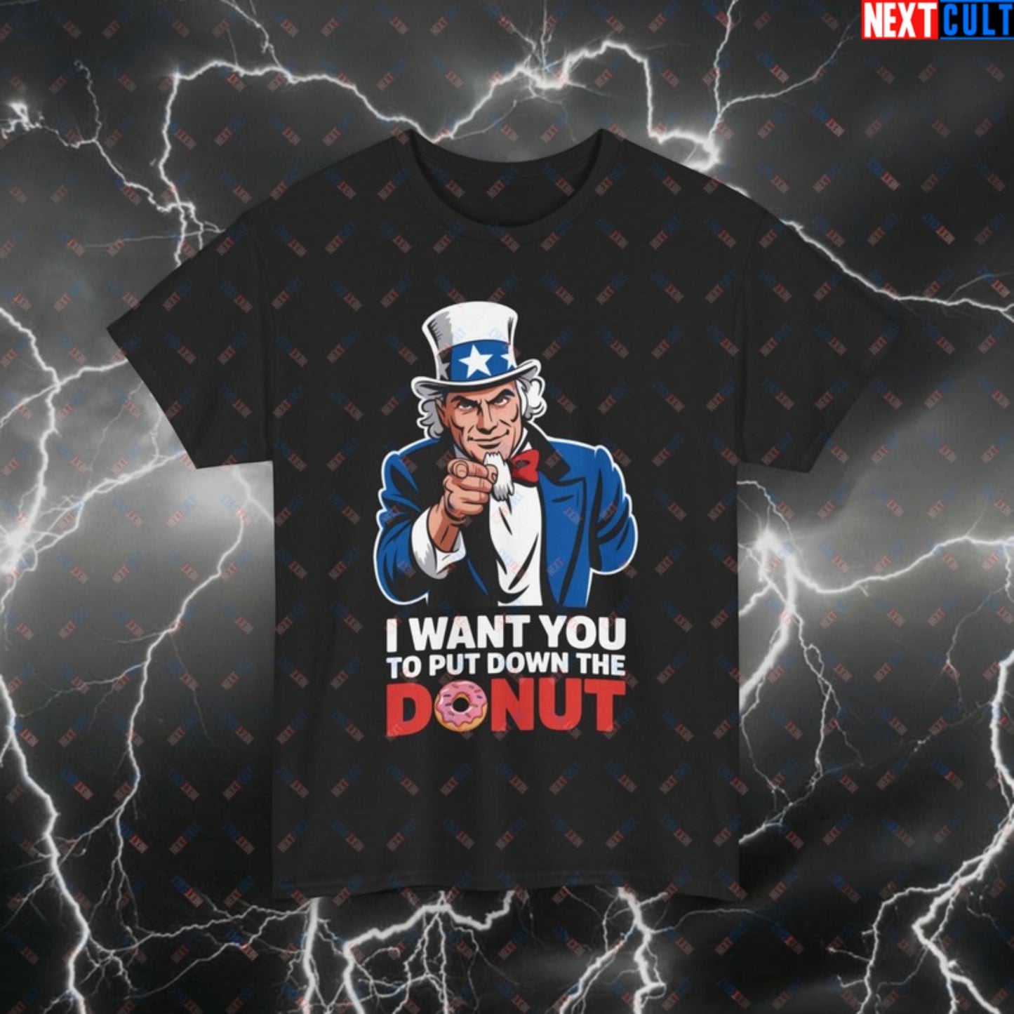 Funny Gym T-Shirt - I Want You To Put Down The Donut Uncle Sam Pump Cover - Patriotic Workout Tee for Lifters & Gymbros Black T-shirts 4th of July Fast Food Fitness Gym Pump Cover Uncle Sam Workout Printify