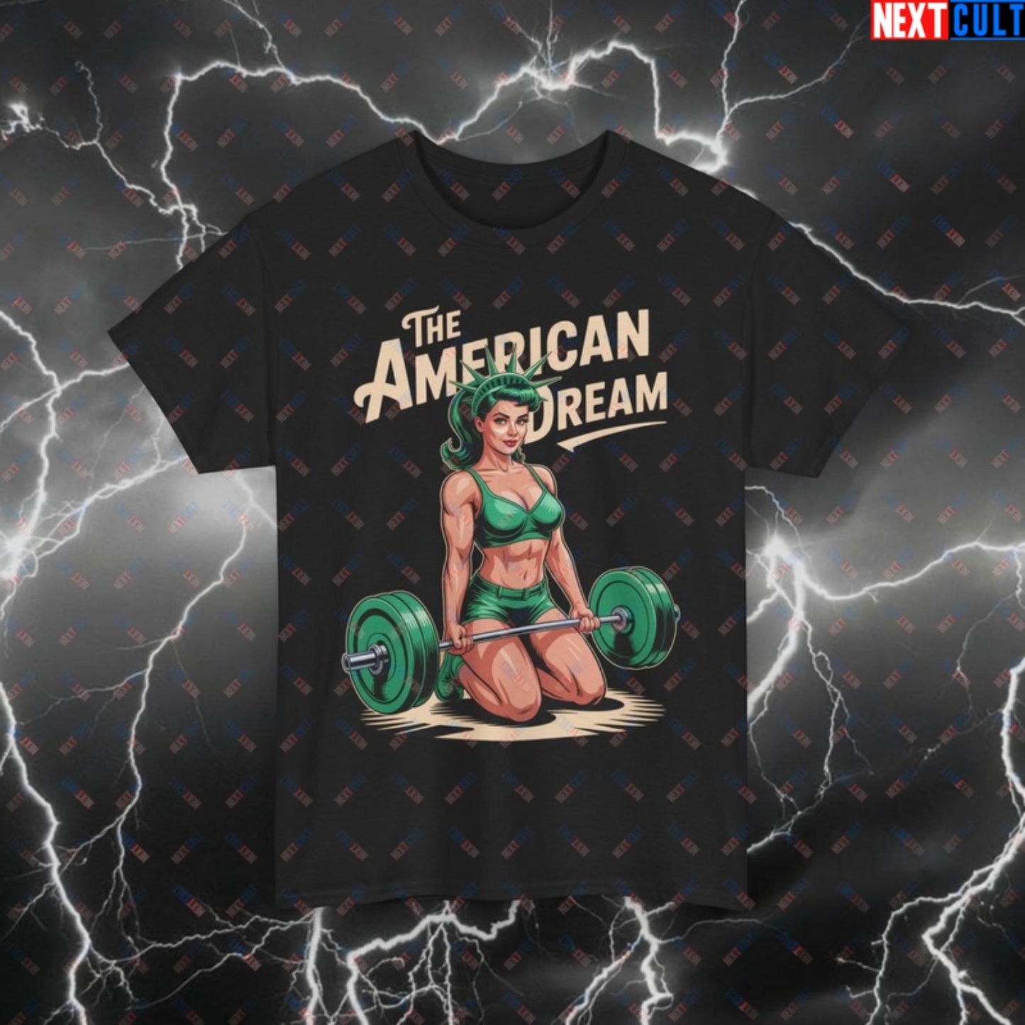 Funny Patriotic Gym T-Shirt - American Dream Pump Cover Tee for Lifters, 4th of July Workout Shirt, Statue of Liberty Meme Top Black T-shirts 4th of July Fitness Gym Leg Day Pump Cover Statue of Liberty Workout Printify