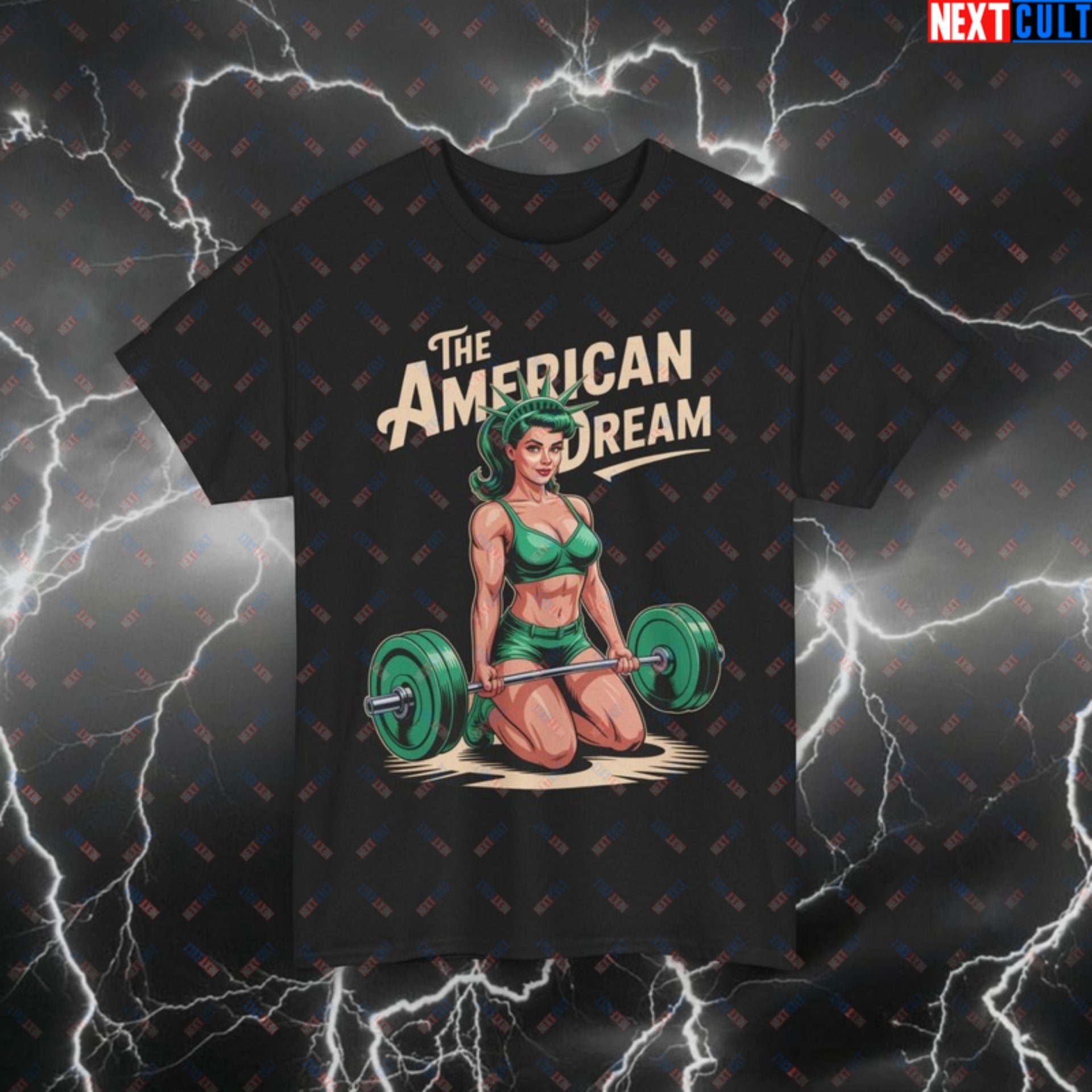 Funny Patriotic Gym T-Shirt - American Dream Pump Cover Tee for Lifters, 4th of July Workout Shirt, Statue of Liberty Meme Top Black T-shirts 4th of July Fitness Gym Leg Day Pump Cover Statue of Liberty Workout Printify