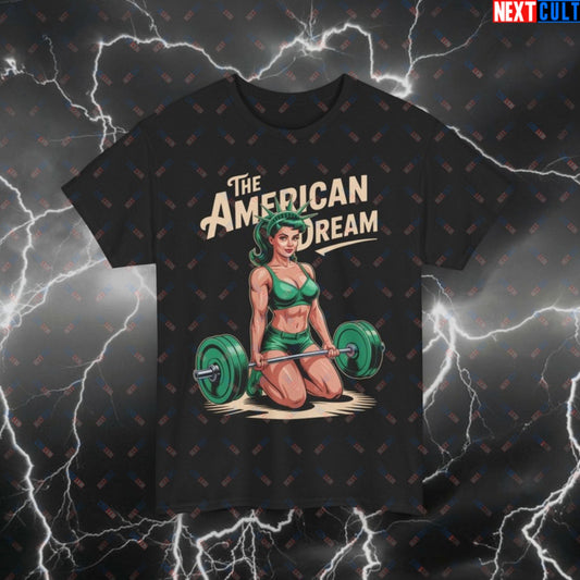 Funny Patriotic Gym T-Shirt - American Dream Pump Cover Tee for Lifters, 4th of July Workout Shirt, Statue of Liberty Meme Top Black T-shirts 4th of July Fitness Gym Leg Day Pump Cover Statue of Liberty Workout Printify
