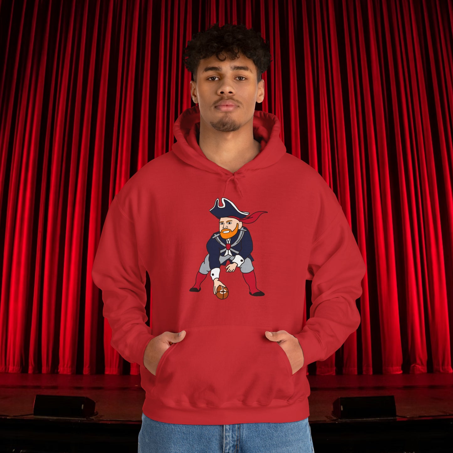 Bill Burrdy New England Patriots Tom Brady Bill Burr Unisex Heavy Blend Hooded Sweatshirt Red Hoodies American Football Bill Burr Monday Morning Podcast New England Patriots NFL Podcasts Stand-up Comedy Printify