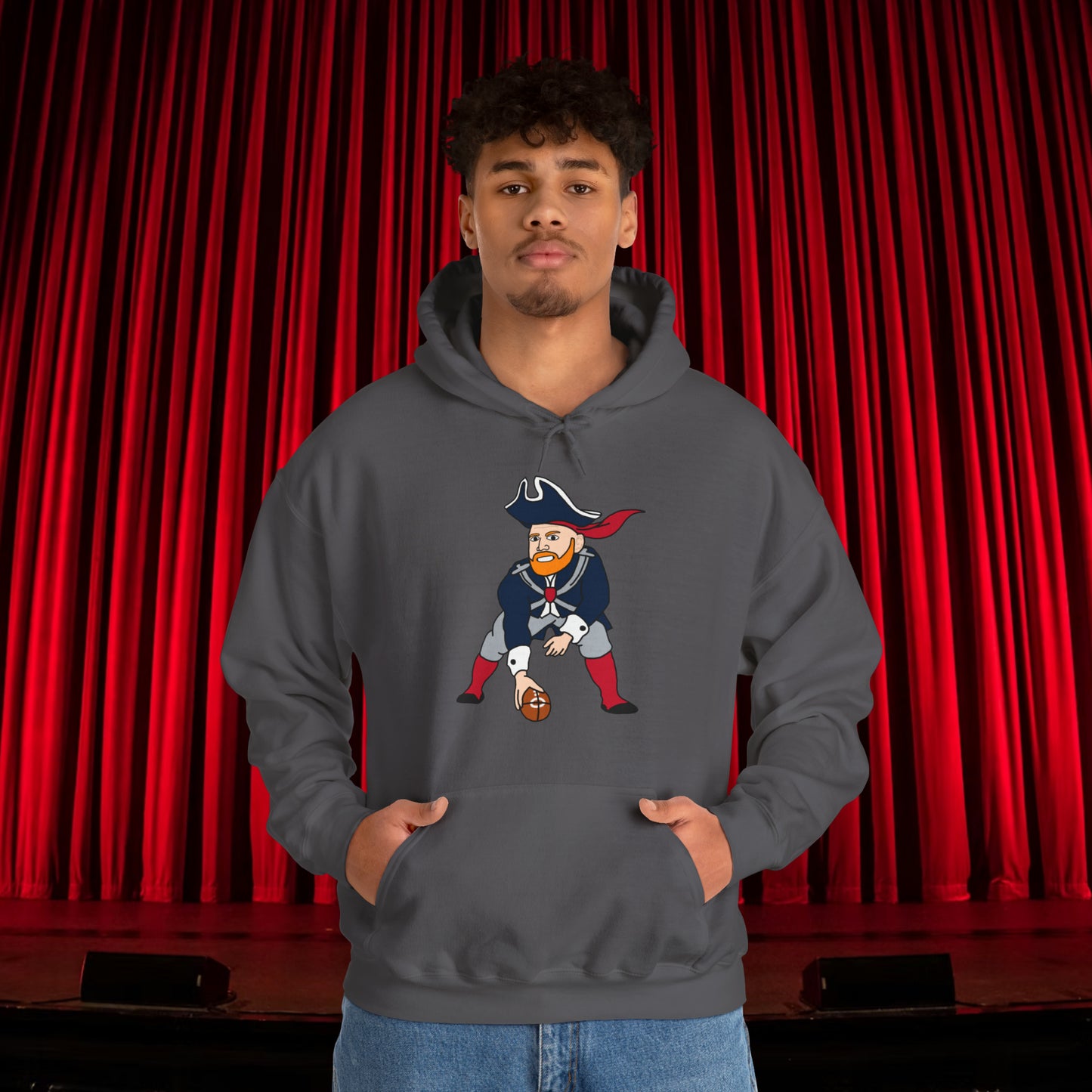 Bill Burrdy New England Patriots Tom Brady Bill Burr Unisex Heavy Blend Hooded Sweatshirt Charcoal Hoodies American Football Bill Burr Monday Morning Podcast New England Patriots NFL Podcasts Stand-up Comedy Printify