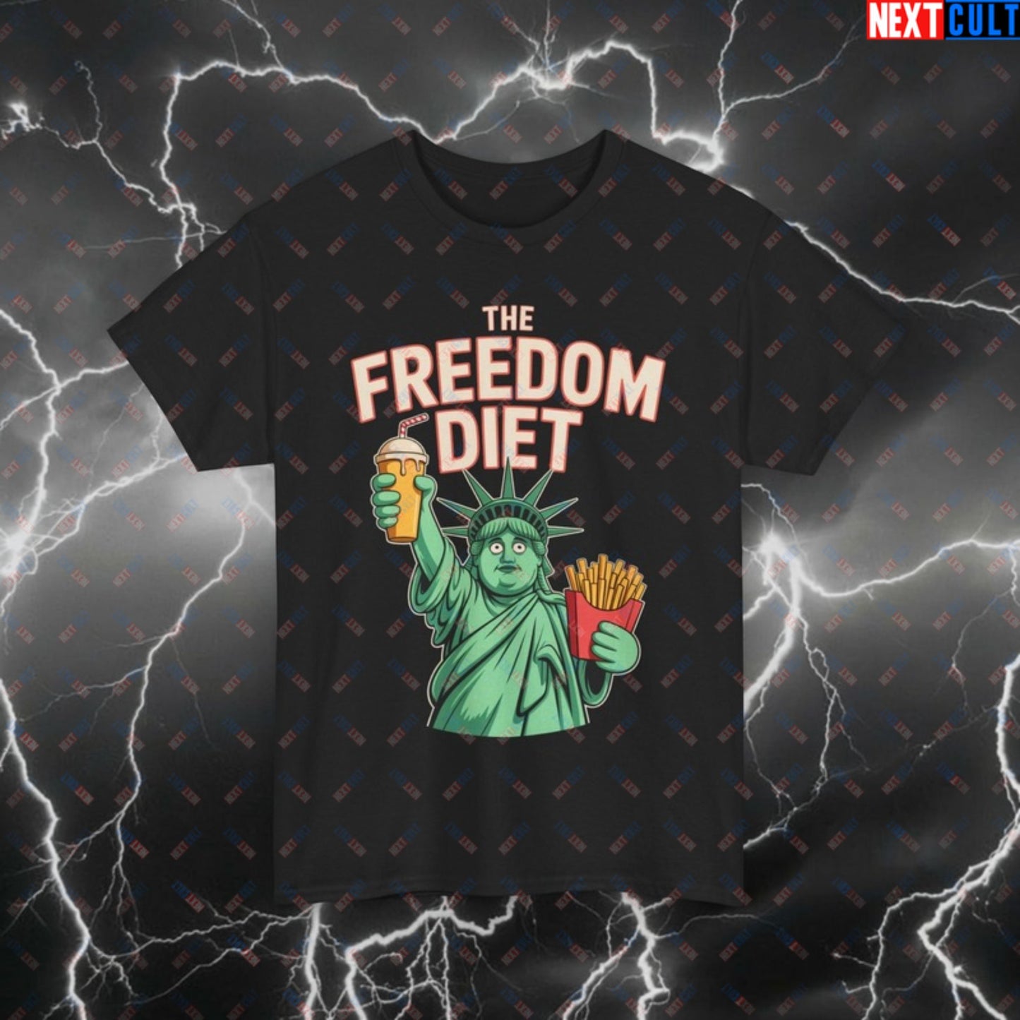 Funny Patriotic Gym T-Shirt - Fat Statue of Liberty Pump Cover for Lifters - Freedom Diet Meme Tee for 4th of July & Workouts Black T-shirts 4th of July Fast Food Fitness Gym Pump Cover Statue of Liberty Workout Printify