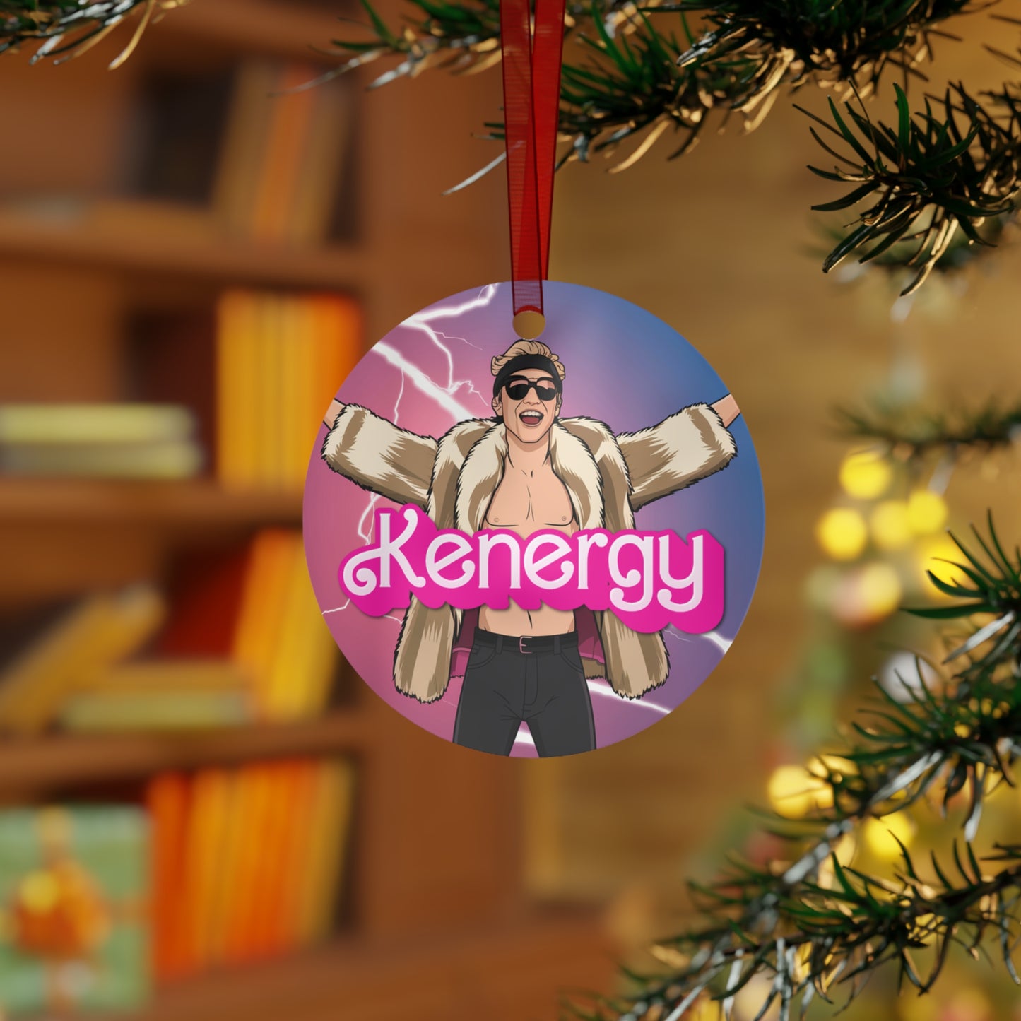Kenergy Barbie Ryan Gosling Ken Metal Ornament Round One Size Christmas Barbie Celebrities Ken Kenergy Movies Ryan Gosling Printify
