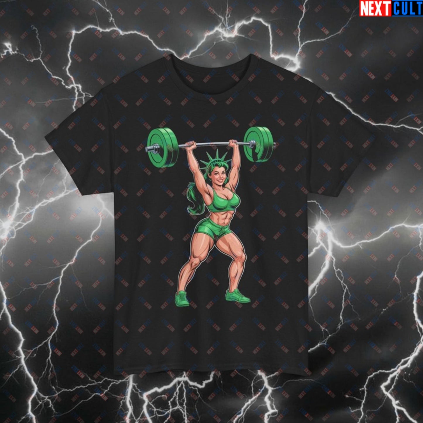 Funny Patriotic Gym T-Shirt - Clean & Jerk Statue of Liberty Pump Cover Tee for Olympic Lifting, 4th of July & Gains Black T-shirts 4th of July Fitness Gym Pump Cover Statue of Liberty Workout Printify