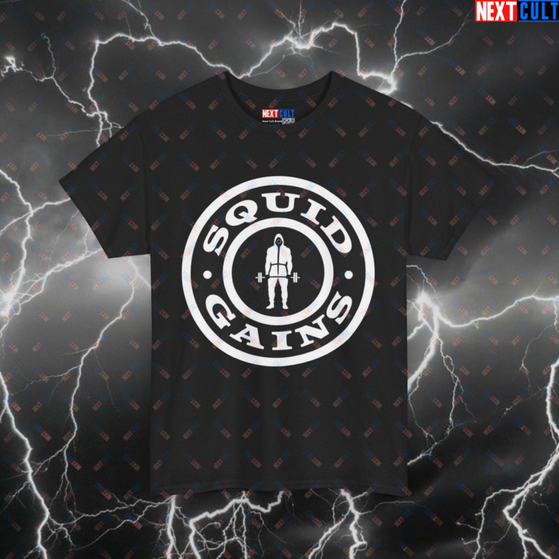 Squid Gains Funny Gym Shirt - Meme Workout Tee & Pump Cover for Lifters Black T-shirts Bodybuilding Fitness Gym Powerlifting Pump Cover Squid Game TV Workout Printify