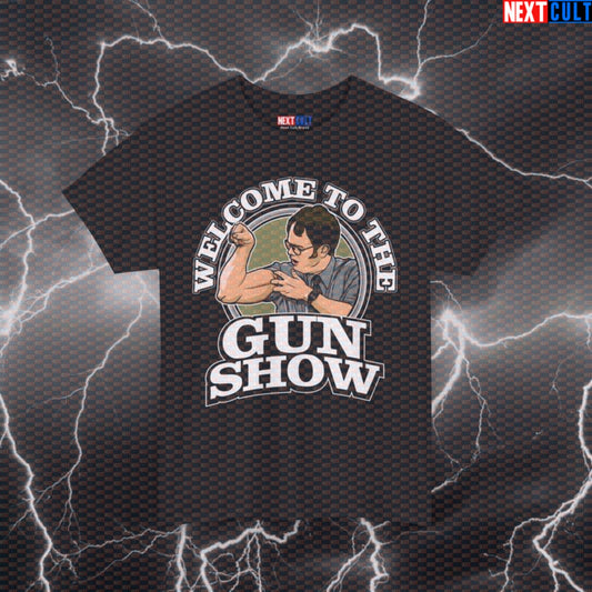 Welcome To The Gun Show T-Shirt – Funny Dwight Schrute Meme The Office Tee for Gym, Workout & Fitness Fans – Big Biceps Humor Top Black T-shirts Bodybuilding Fitness Gym Pump Cover The Office TV TV Shows Workout Printify