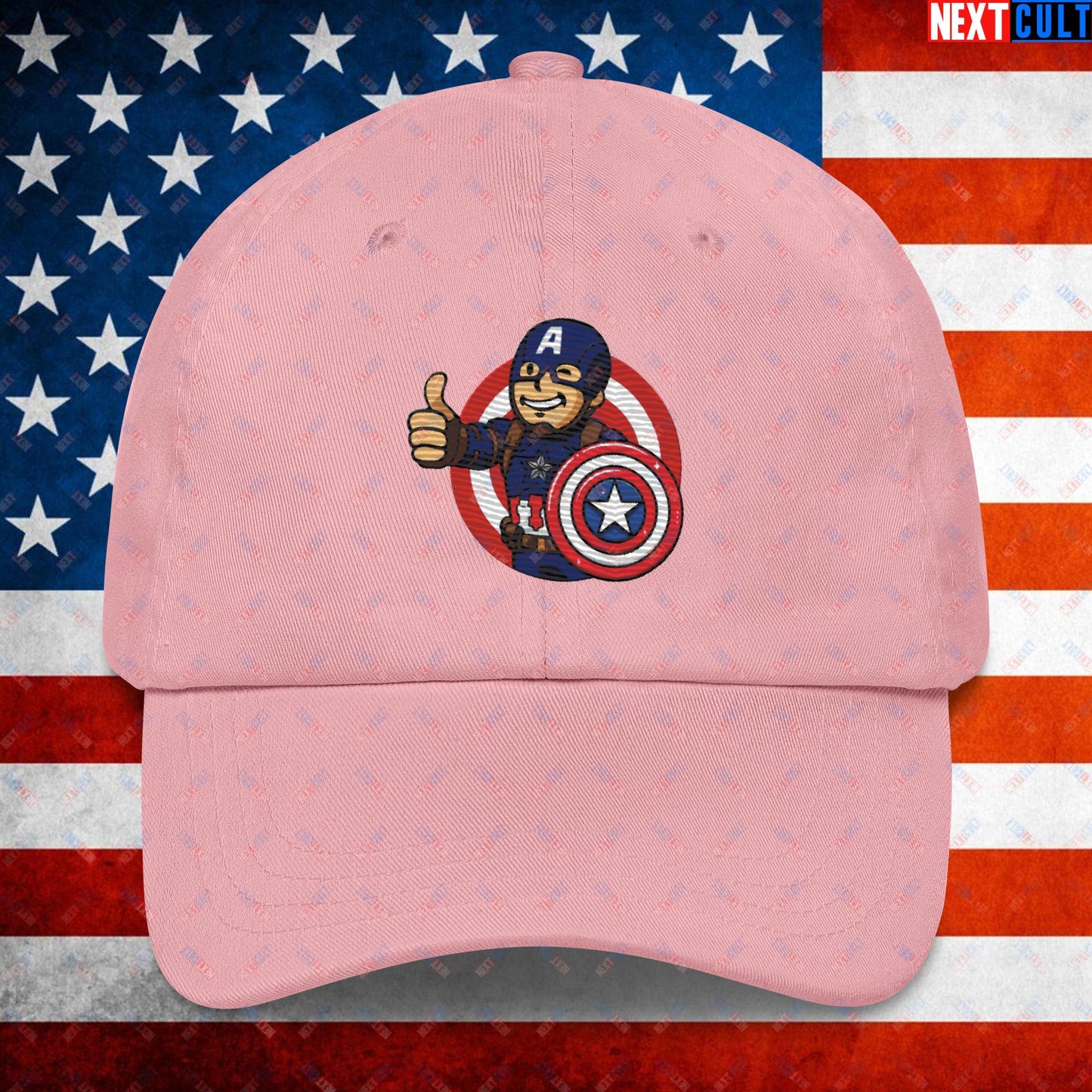 America Boy Captain America Vault Boy Fallout Funny Cartoon Mashup Dad hat Pink Hats Avengers Captain America Chris Evans Movies Superheroes Next Cult Brand