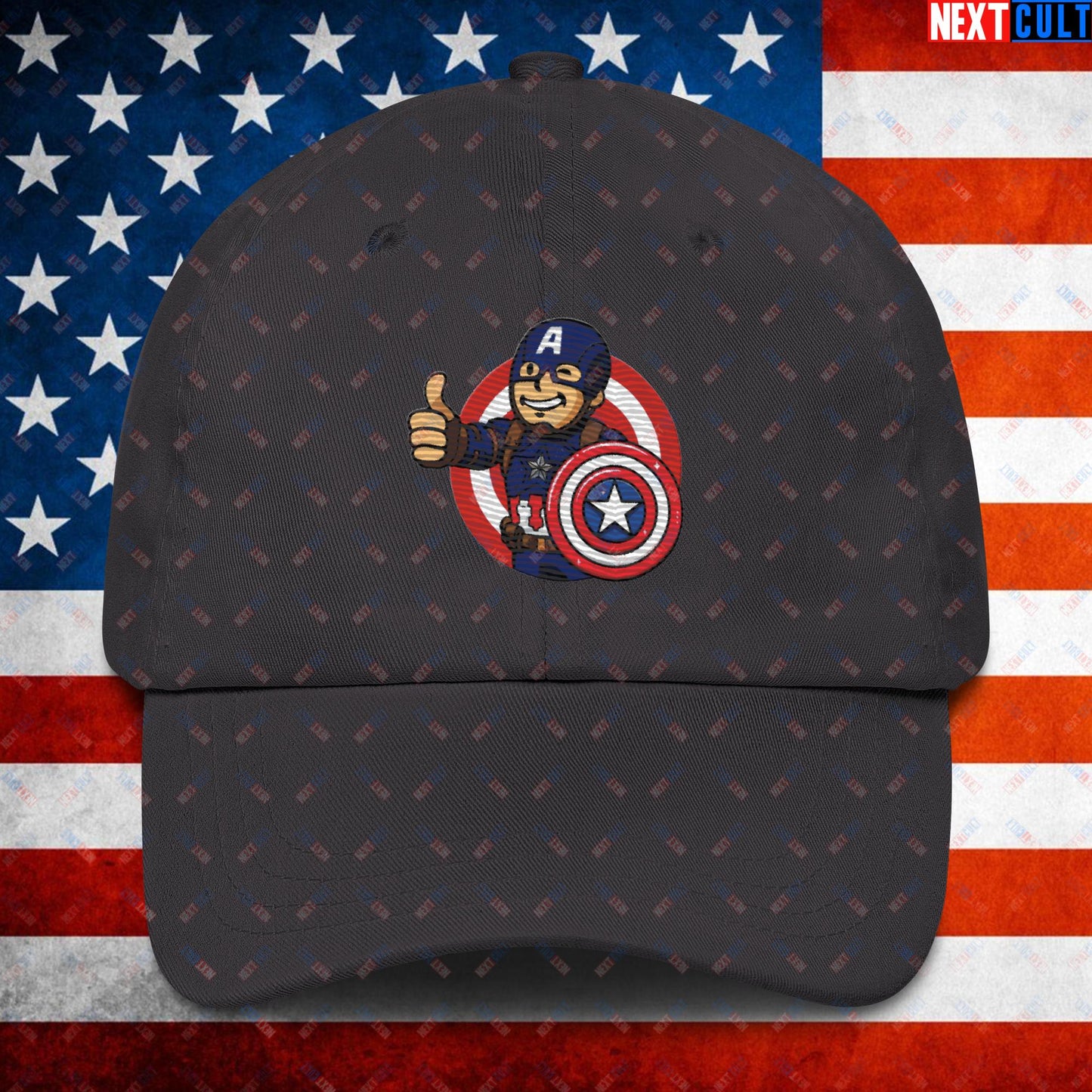 America Boy Captain America Vault Boy Fallout Funny Cartoon Mashup Dad hat Dark Grey Hats Avengers Captain America Chris Evans Movies Superheroes Next Cult Brand
