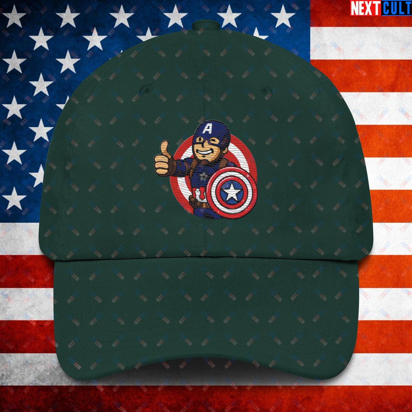 America Boy Captain America Vault Boy Fallout Funny Cartoon Mashup Dad hat Spruce Hats Avengers Captain America Chris Evans Movies Superheroes Next Cult Brand