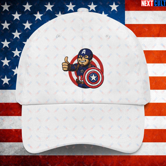 America Boy Captain America Vault Boy Fallout Funny Cartoon Mashup Dad hat White Hats Avengers Captain America Chris Evans Movies Superheroes Next Cult Brand
