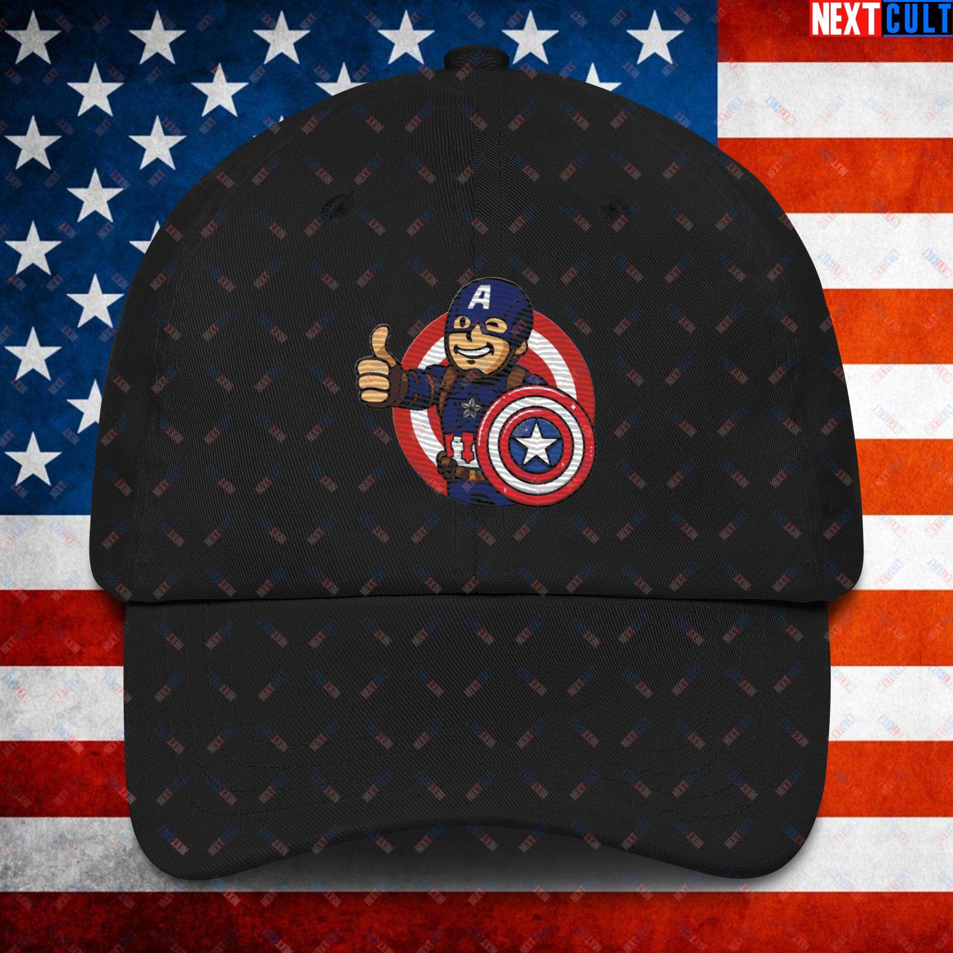 America Boy Captain America Vault Boy Fallout Funny Cartoon Mashup Dad hat Black Hats Avengers Captain America Chris Evans Movies Superheroes Next Cult Brand