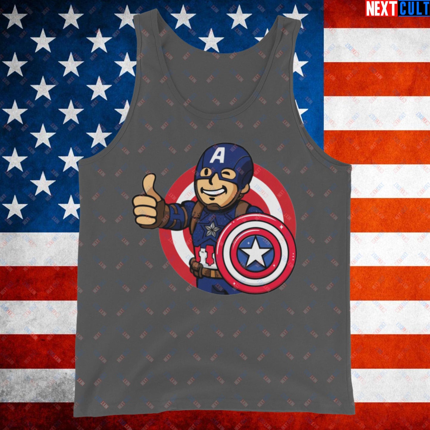 America Boy Captain America Vault Boy Fallout Funny Cartoon Mashup Tank Top Asphalt Tank Tops Avengers Captain America Chris Evans Movies Superheroes Next Cult Brand