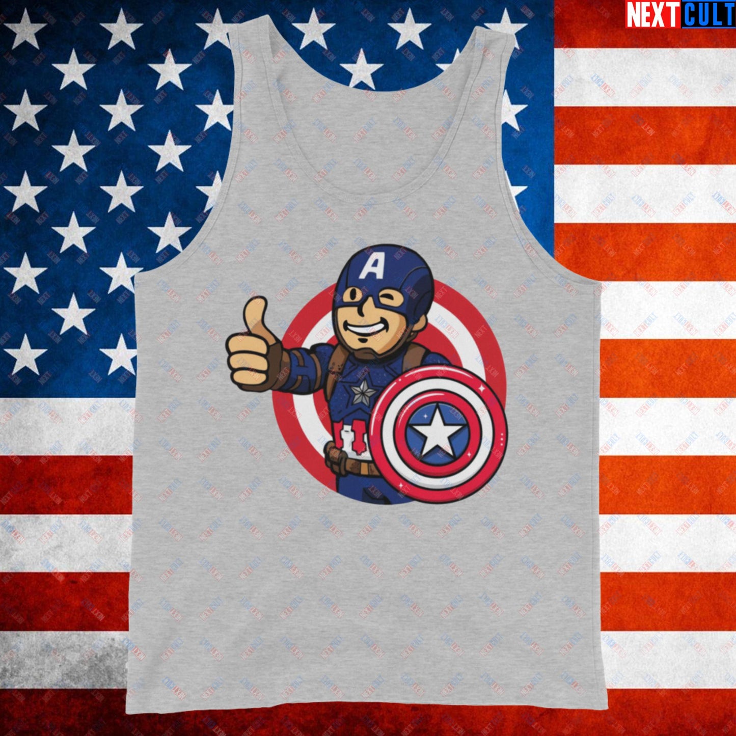 America Boy Captain America Vault Boy Fallout Funny Cartoon Mashup Tank Top Athletic Heather Tank Tops Avengers Captain America Chris Evans Movies Superheroes Next Cult Brand