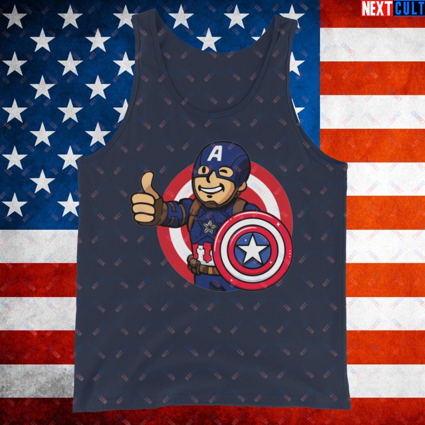 America Boy Captain America Vault Boy Fallout Funny Cartoon Mashup Tank Top Navy Tank Tops Avengers Captain America Chris Evans Movies Superheroes Next Cult Brand