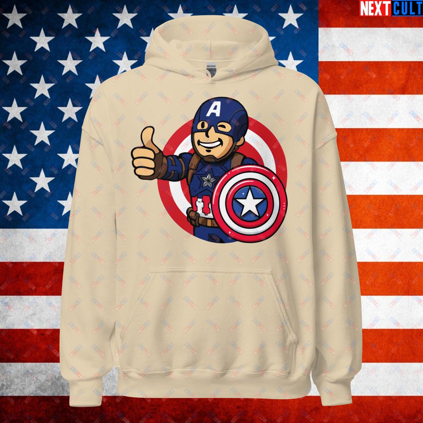 America Boy Captain America Vault Boy Fallout Funny Cartoon Mashup Unisex Hoodie Sand Hoodies Avengers Captain America Chris Evans Movies Superheroes Next Cult Brand