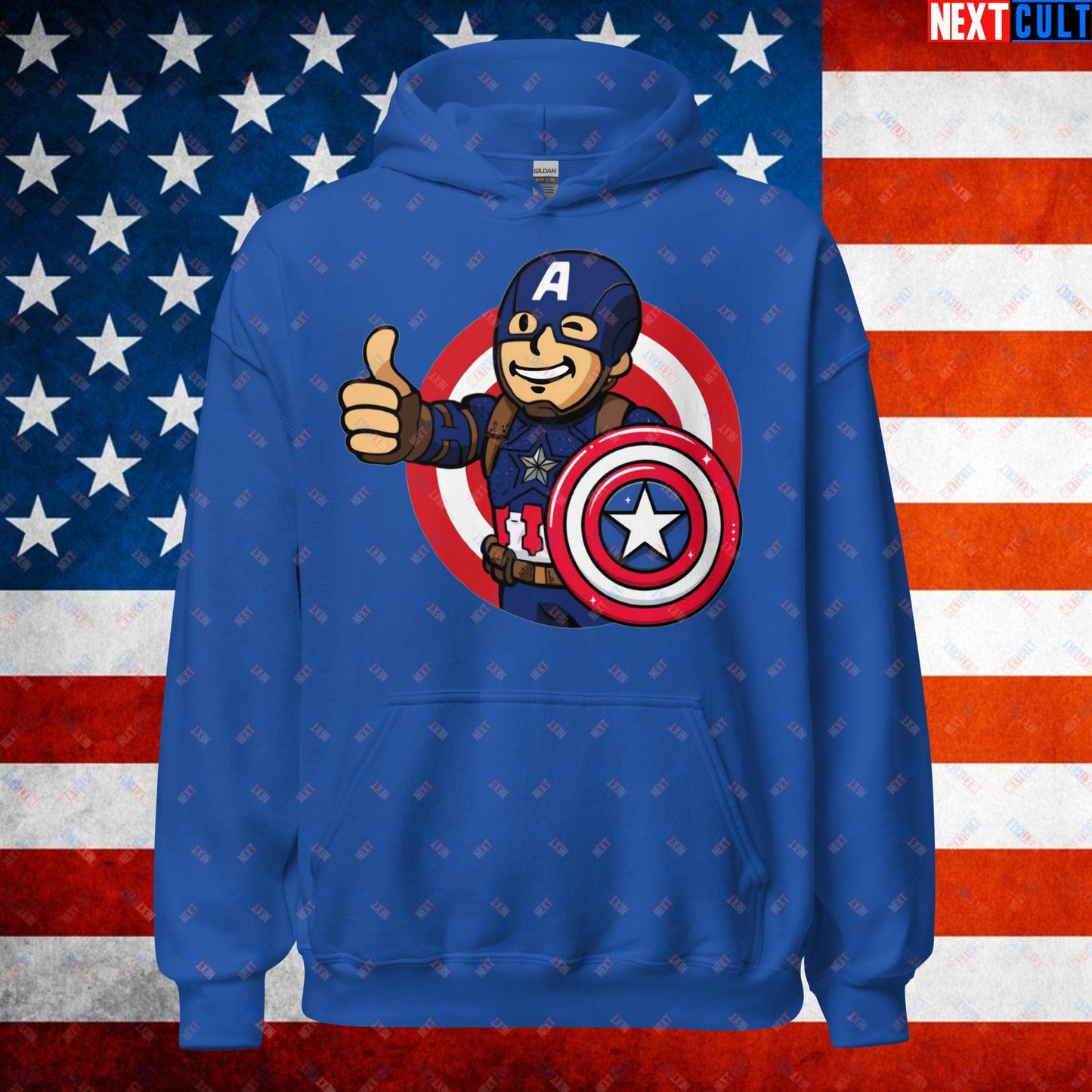 America Boy Captain America Vault Boy Fallout Funny Cartoon Mashup Unisex Hoodie Royal Hoodies Avengers Captain America Chris Evans Movies Superheroes Next Cult Brand