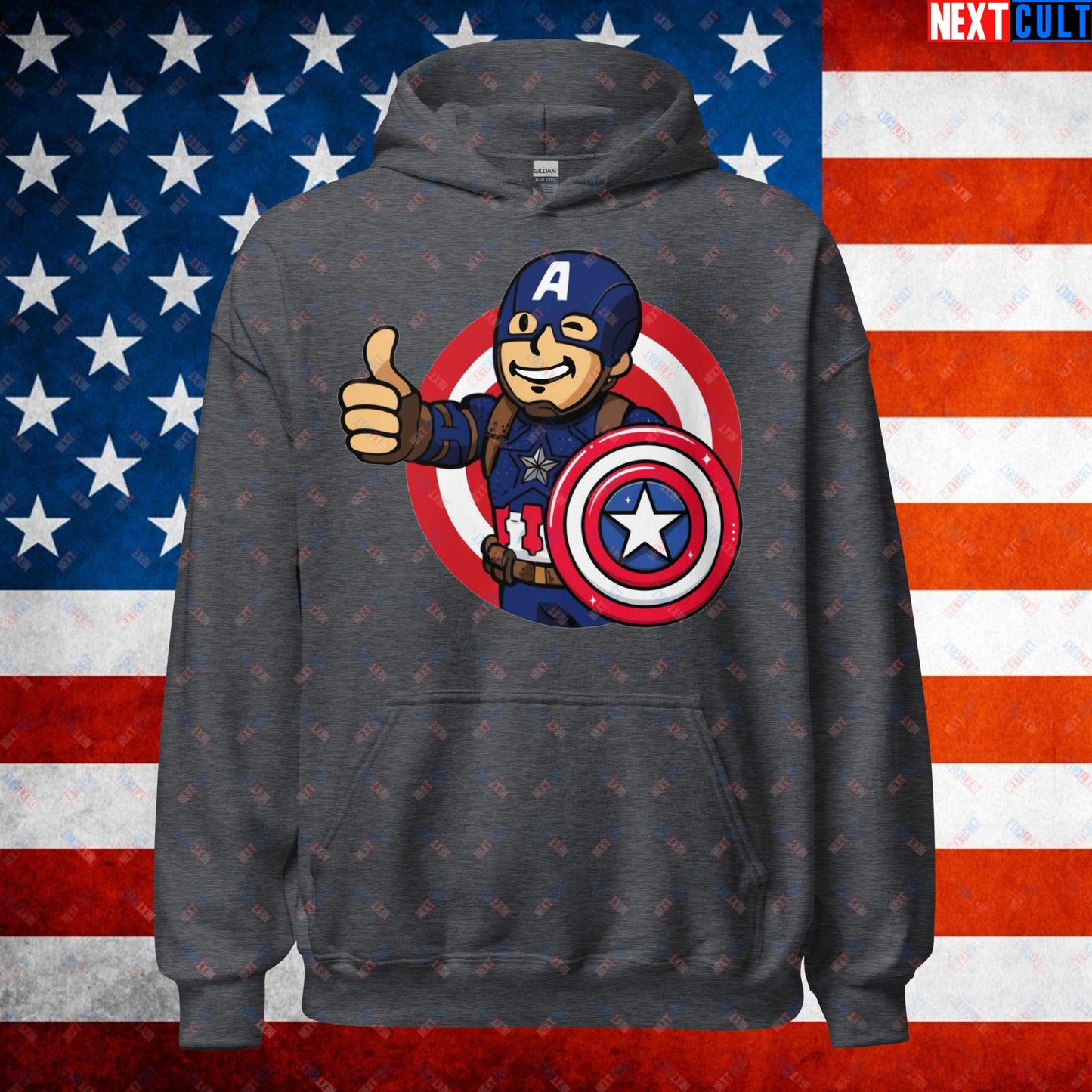 America Boy Captain America Vault Boy Fallout Funny Cartoon Mashup Unisex Hoodie Dark Heather Hoodies Avengers Captain America Chris Evans Movies Superheroes Next Cult Brand