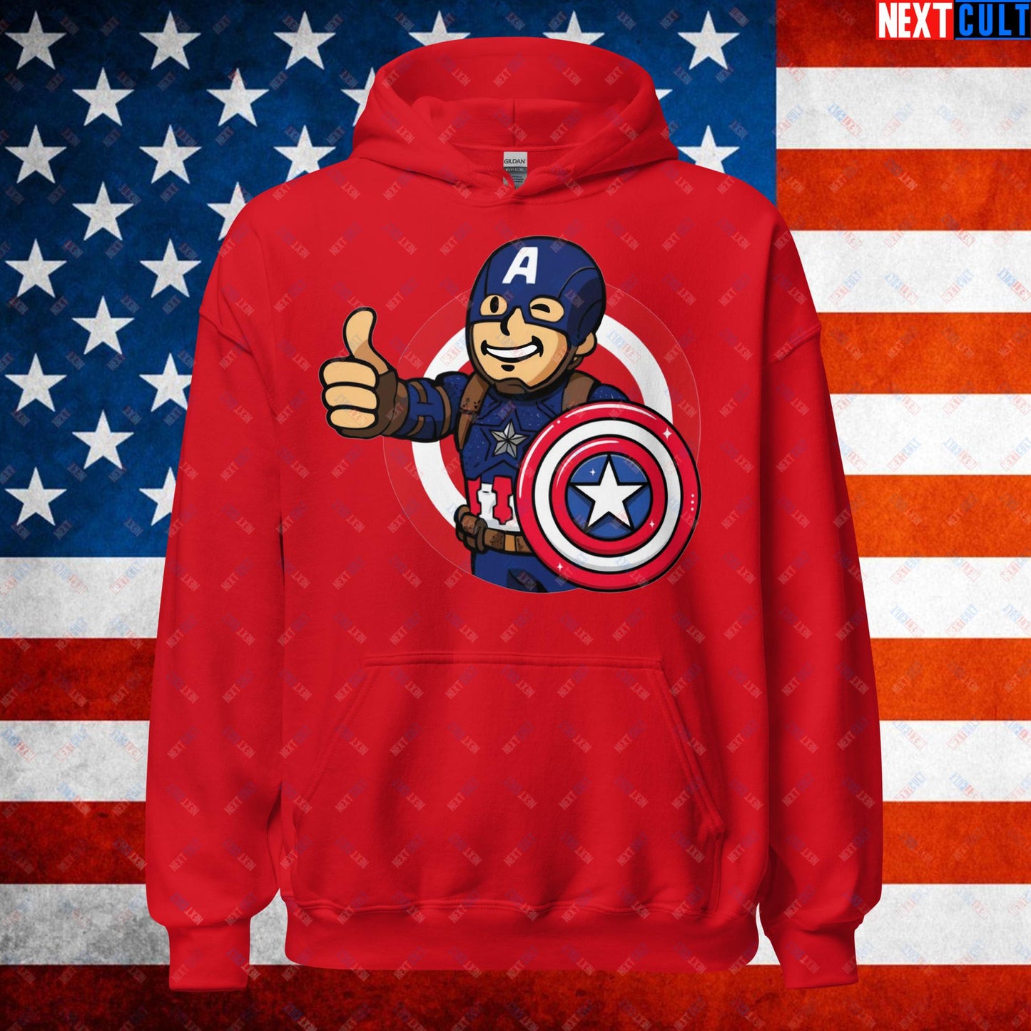 America Boy Captain America Vault Boy Fallout Funny Cartoon Mashup Unisex Hoodie Red Hoodies Avengers Captain America Chris Evans Movies Superheroes Next Cult Brand