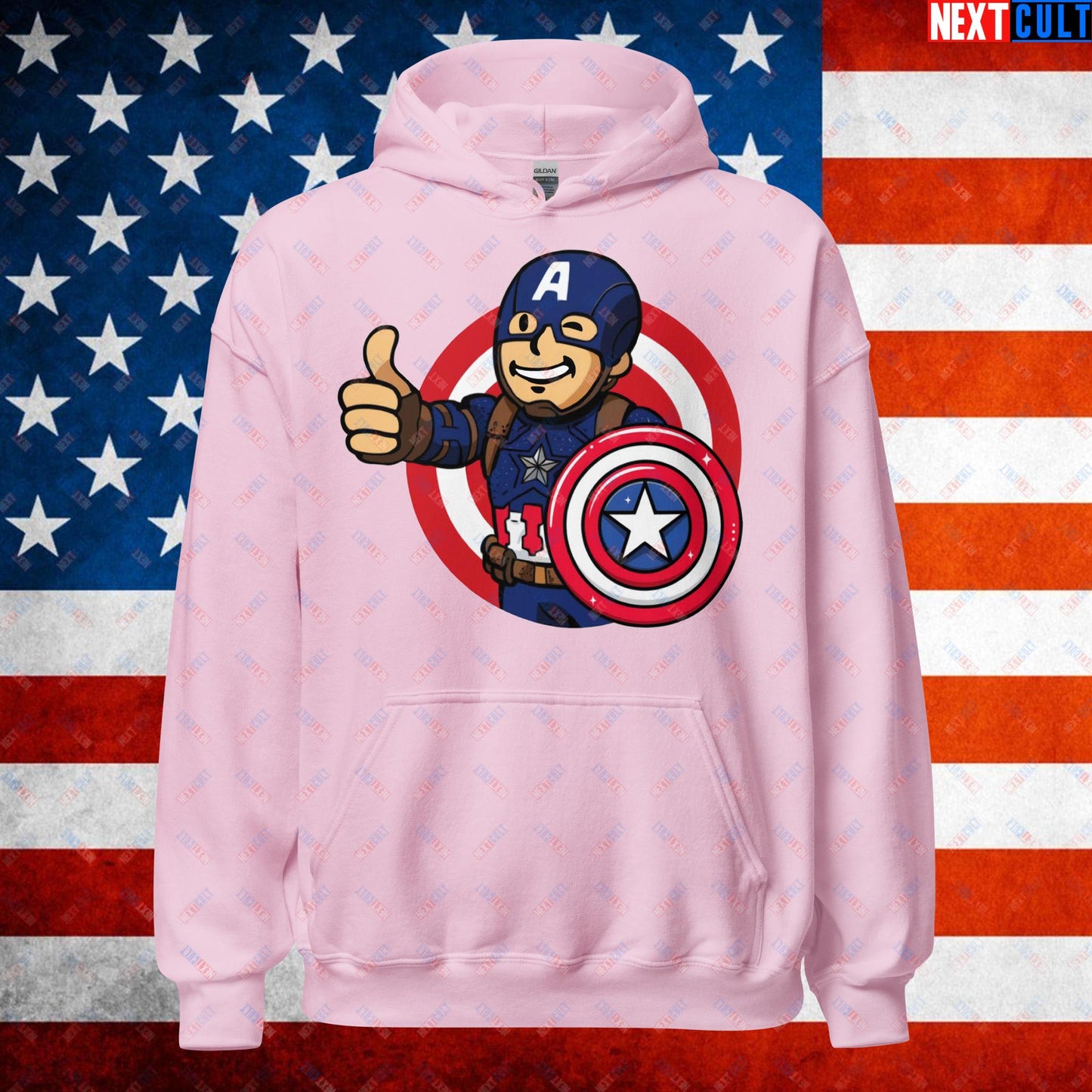 America Boy Captain America Vault Boy Fallout Funny Cartoon Mashup Unisex Hoodie Light Pink Hoodies Avengers Captain America Chris Evans Movies Superheroes Next Cult Brand