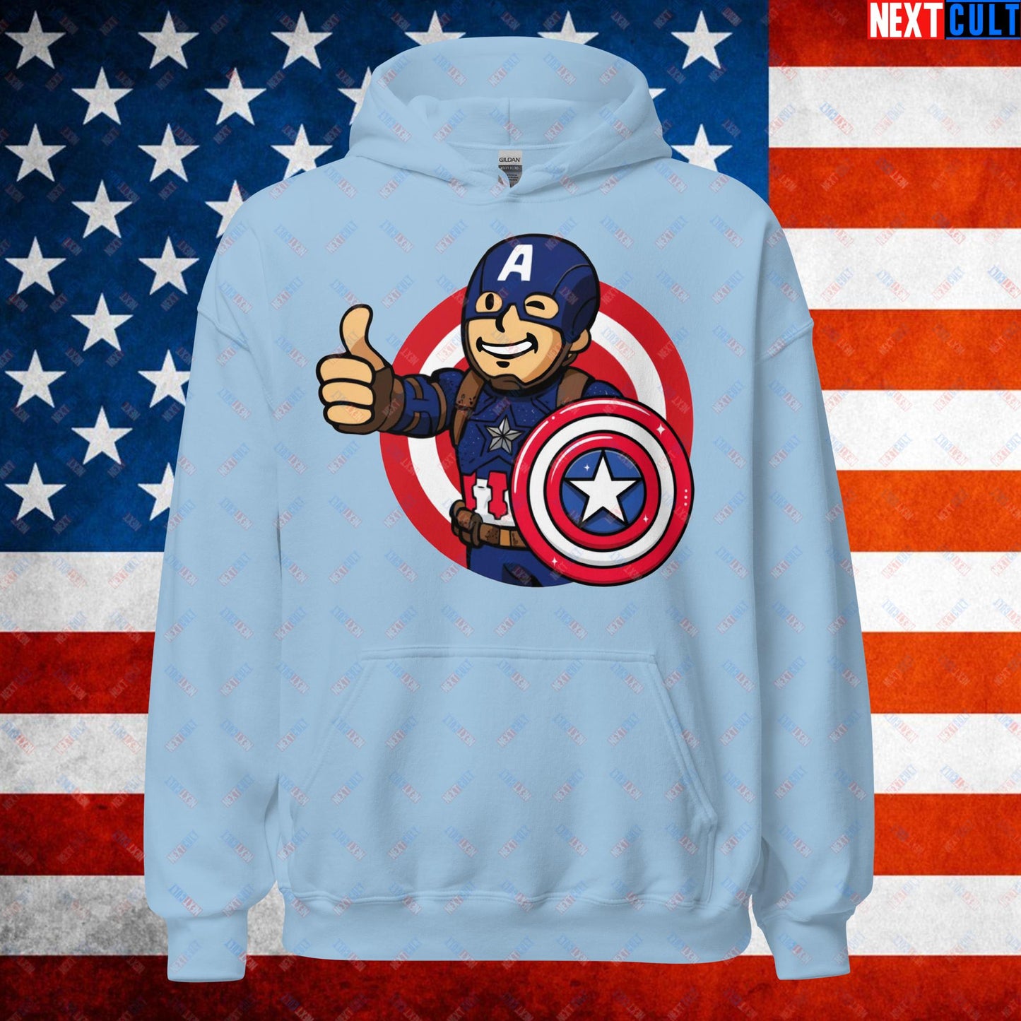 America Boy Captain America Vault Boy Fallout Funny Cartoon Mashup Unisex Hoodie Light Blue Hoodies Avengers Captain America Chris Evans Movies Superheroes Next Cult Brand