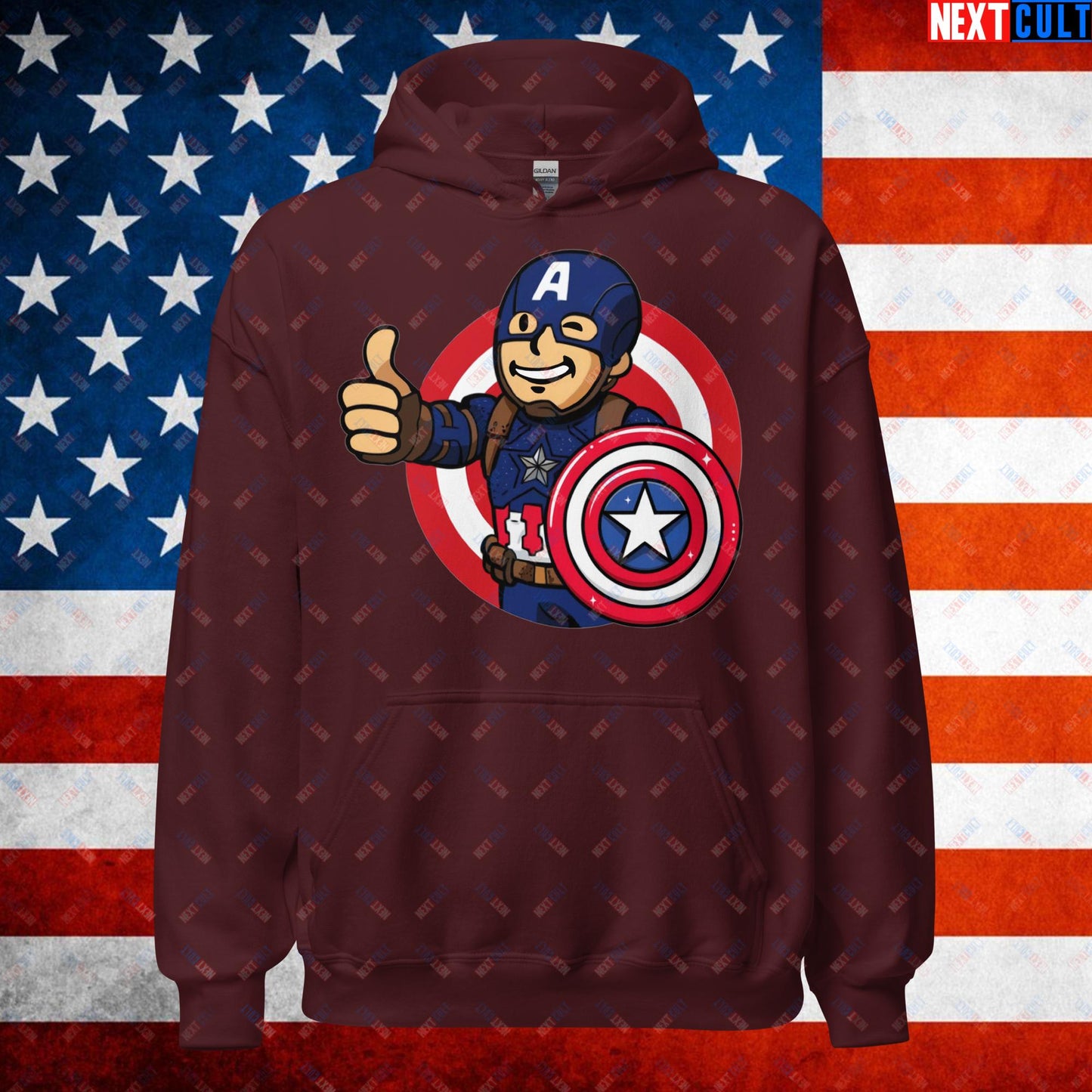 America Boy Captain America Vault Boy Fallout Funny Cartoon Mashup Unisex Hoodie Maroon Hoodies Avengers Captain America Chris Evans Movies Superheroes Next Cult Brand